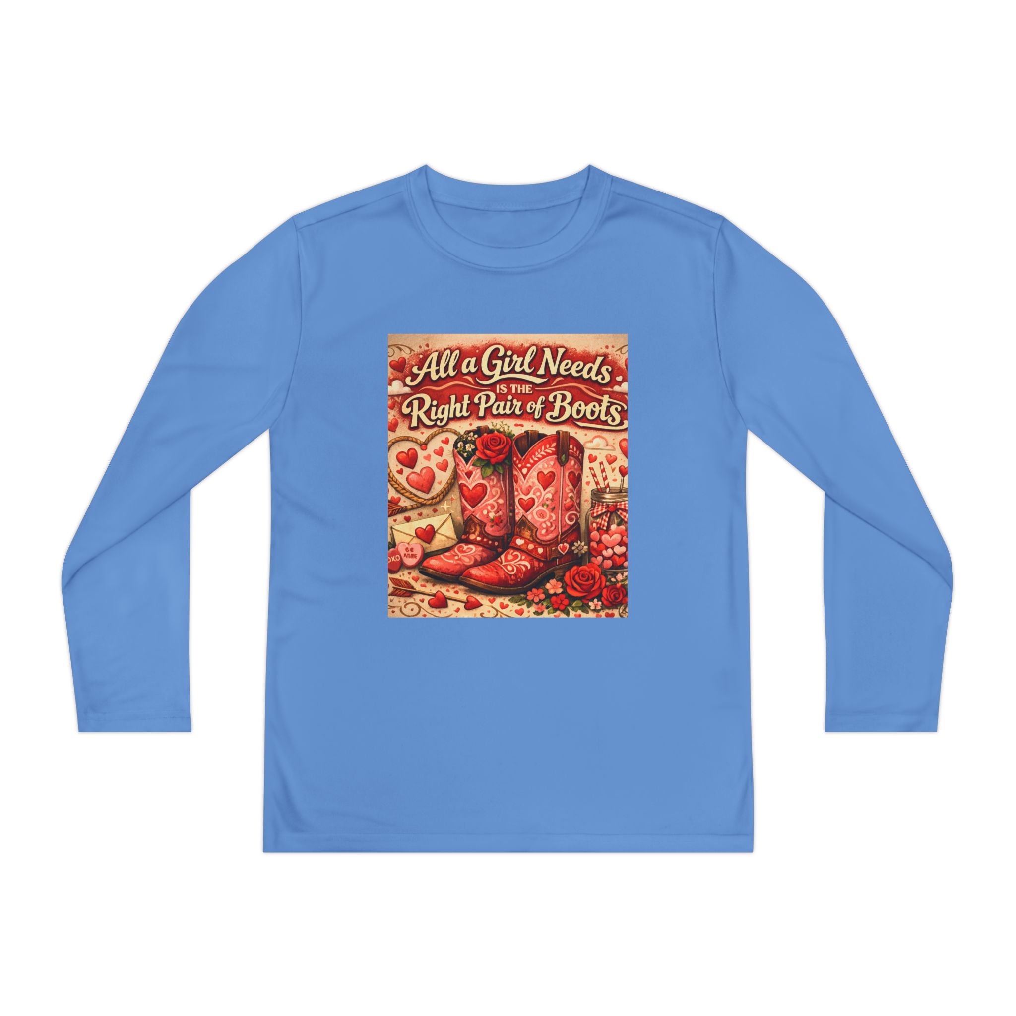 Youth Long Sleeve Tee — "All a Girl Needs is the Right Pair of Boots" Western Graphic