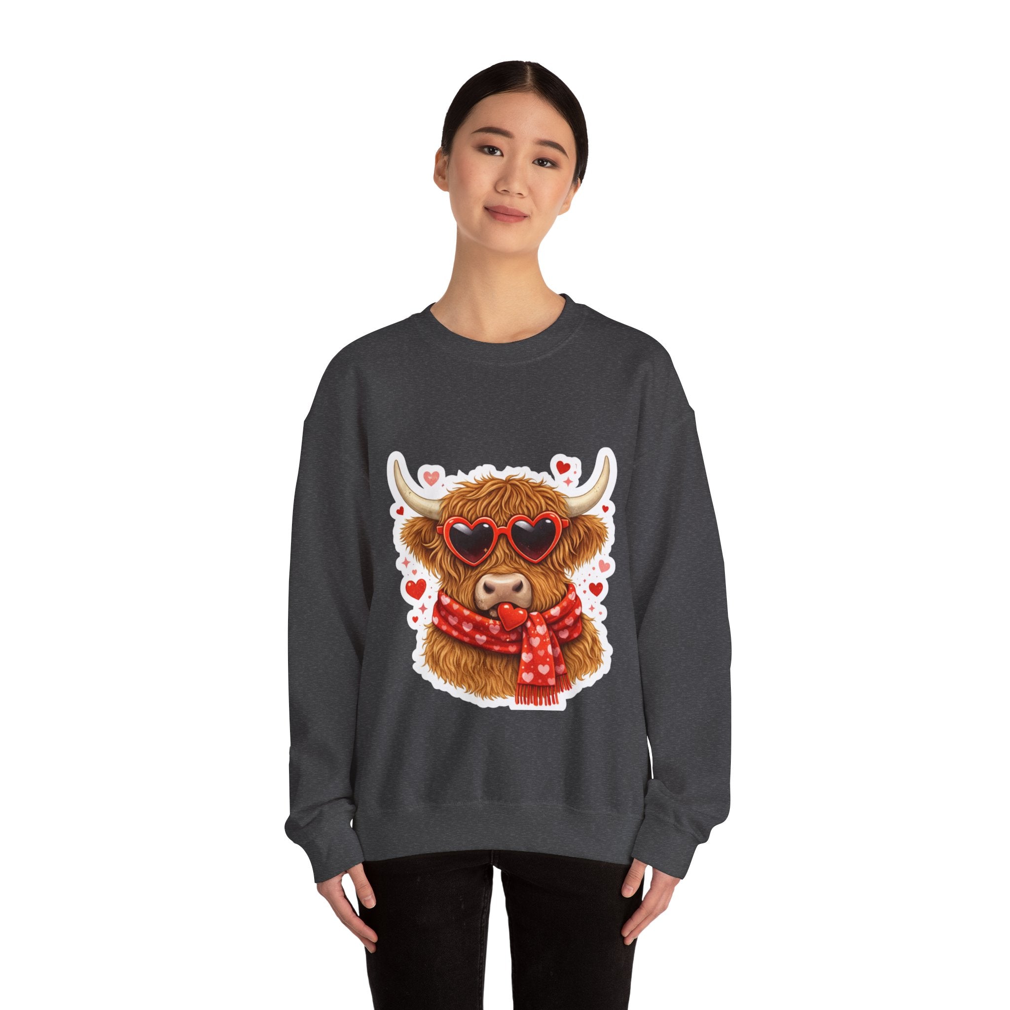 Valentine Highland Cow Sweatshirt – Cute Heart Sunglasses & Scarf Crewneck