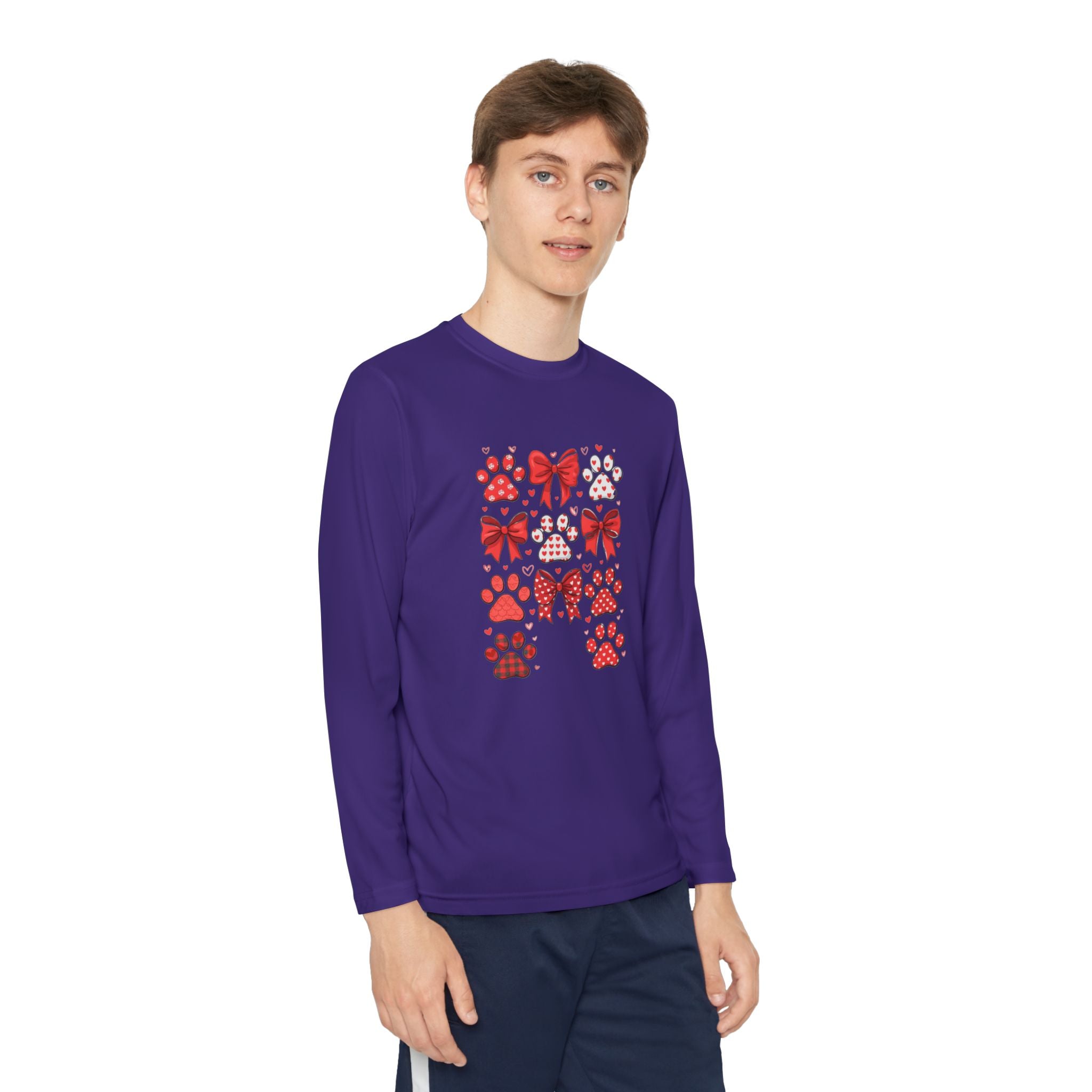 Youth Long Sleeve Tee - Red Paw & Bow Valentine Animal Print