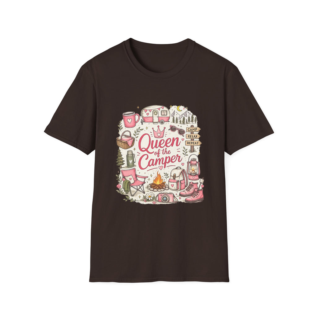Queen of the Camper T-Shirt — Cute Pink Camping RV Graphic Tee for Women