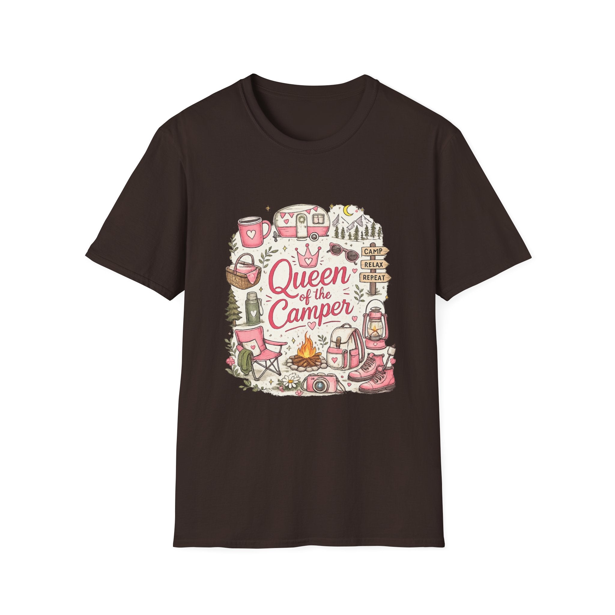 Queen of the Camper T-Shirt — Cute Pink Camping RV Graphic Tee for Women