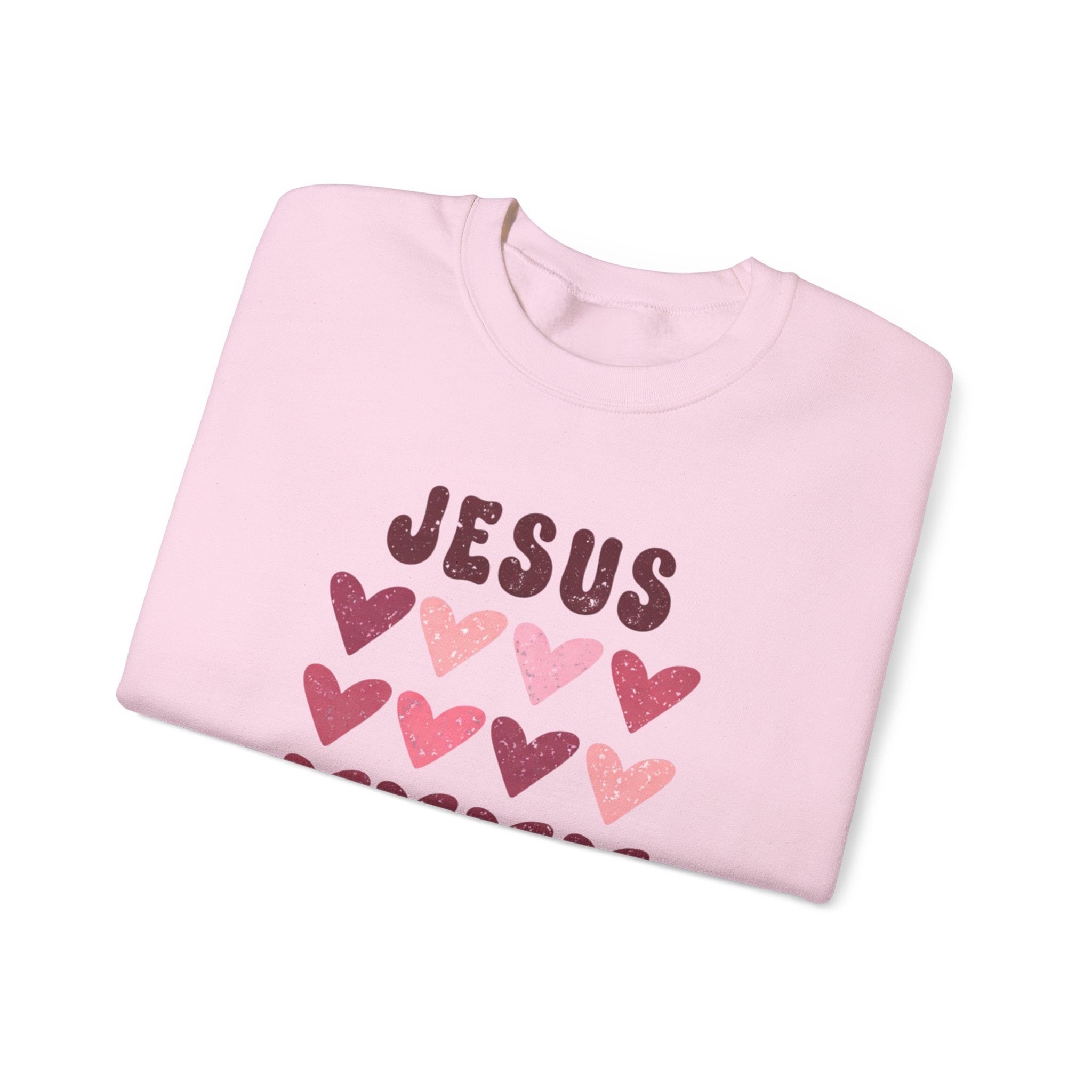 Crewneck Sweatshirt — "Jesus Loves You" Pink Heart Graphic