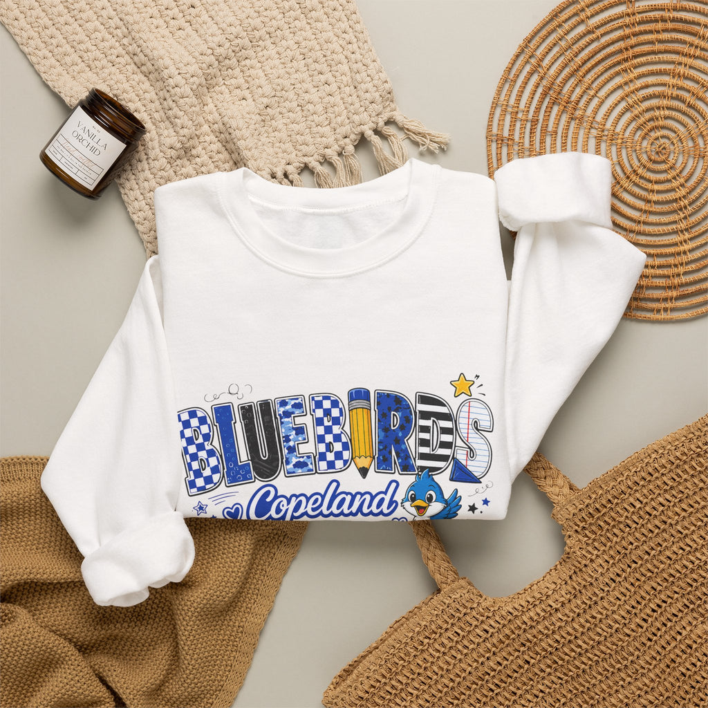 Blueires Copeland Crewneck Sweatshirt — Retro Blue Mascot School Spirit Pullover