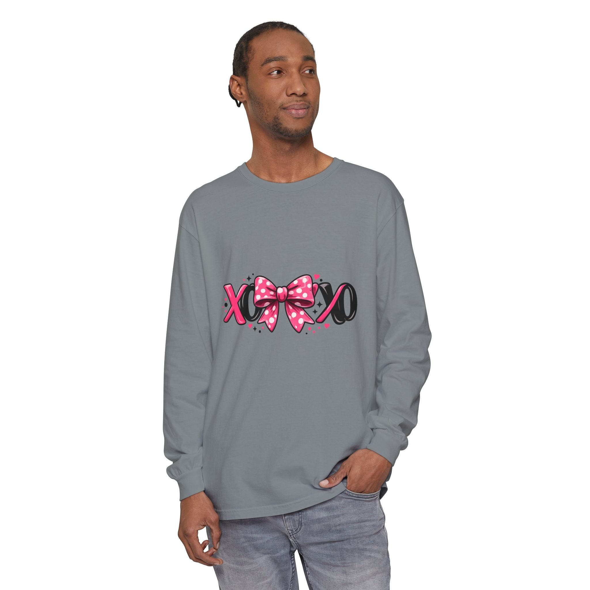 Hugs & Kisses (XOXO) Long Sleeve Tee — Pink Bow Valentine Shirt