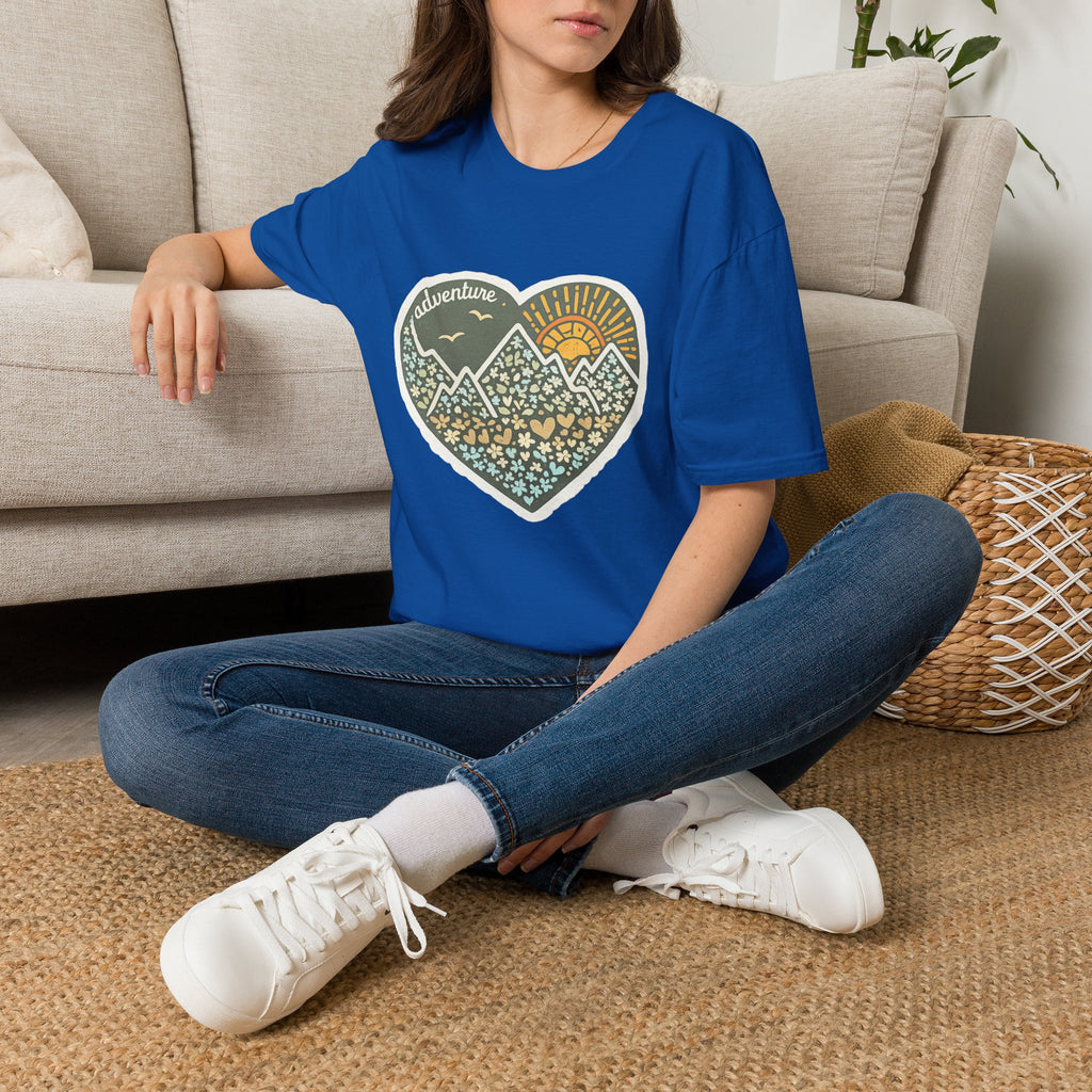 Adventure Heart Mountain T‑Shirt — Sunrise Nature Graphic Tee for Hikers & Outdoor Lovers