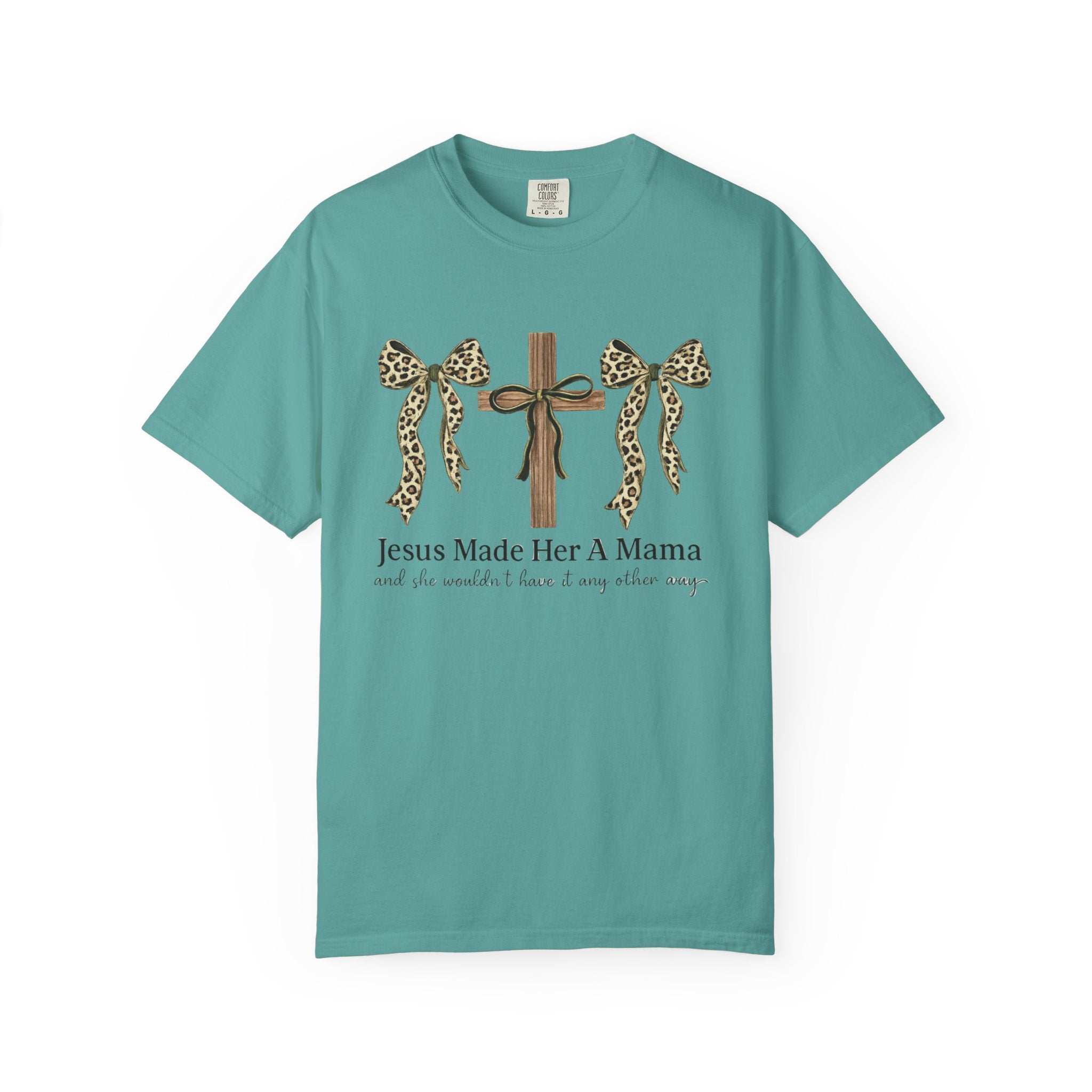 Jesus Made Her a Mama Cross T‑Shirt — Leopard Bow Christian Mother's Day Tee