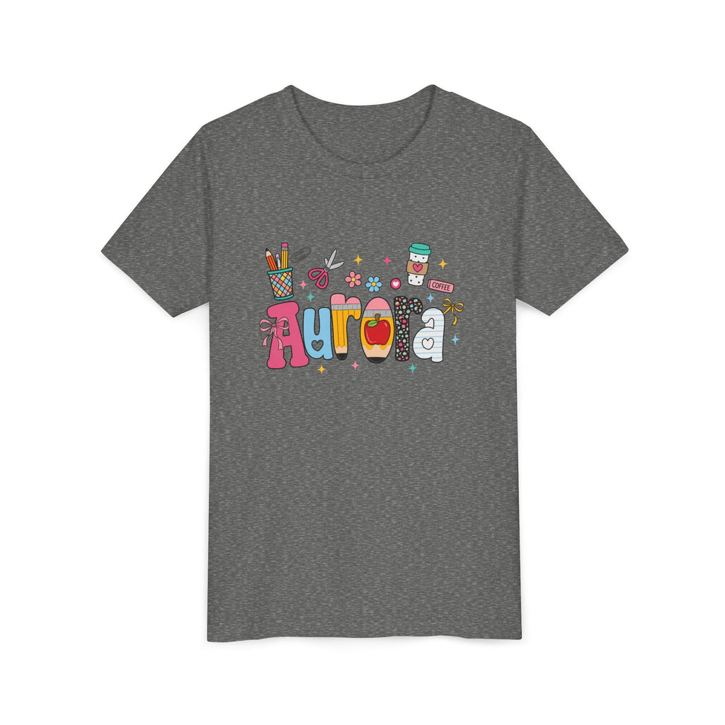 Aurora Kids' Name Tee — Colorful School Supplies Graphic Youth T-Shirt