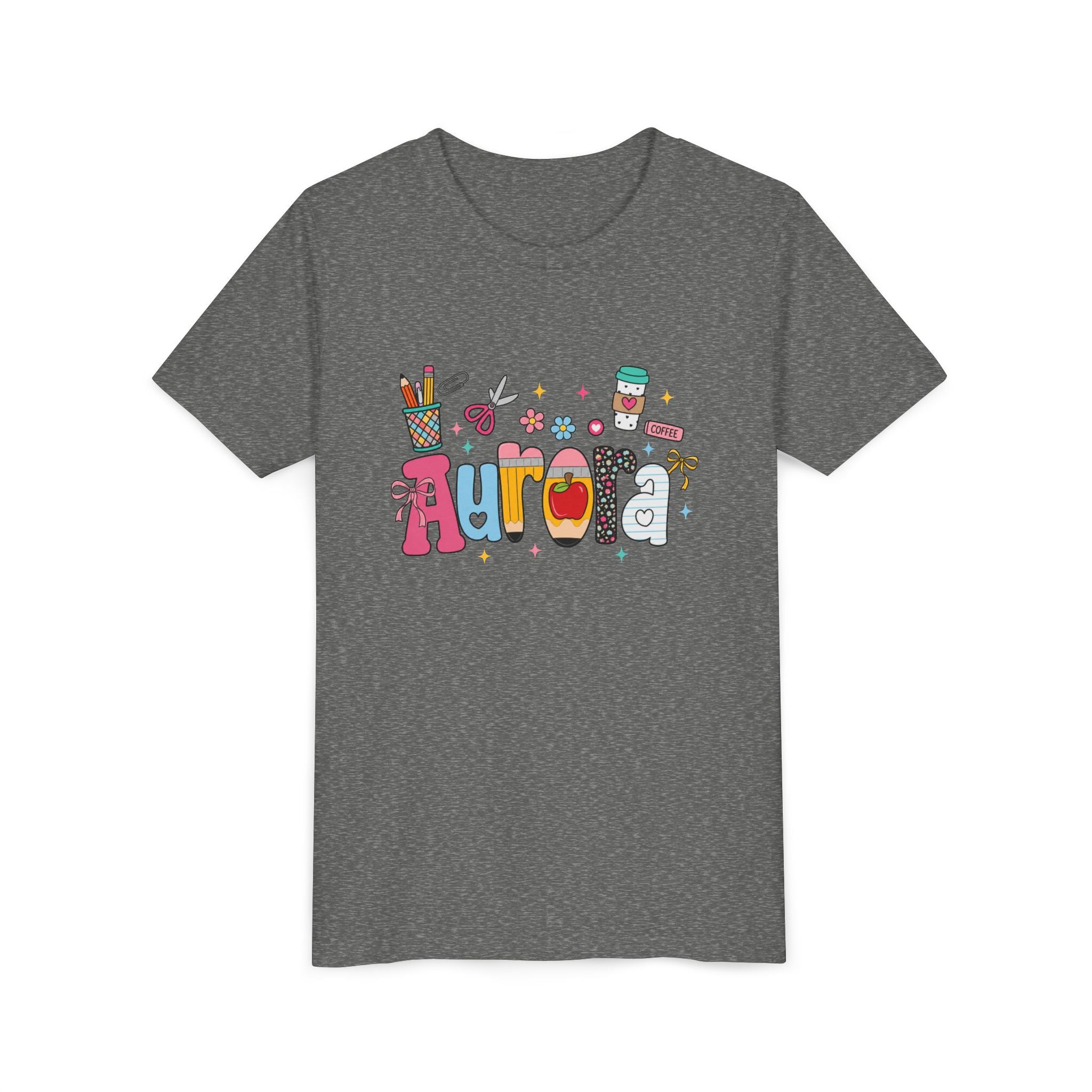 Aurora Kids' Name Tee — Colorful School Supplies Graphic Youth T-Shirt