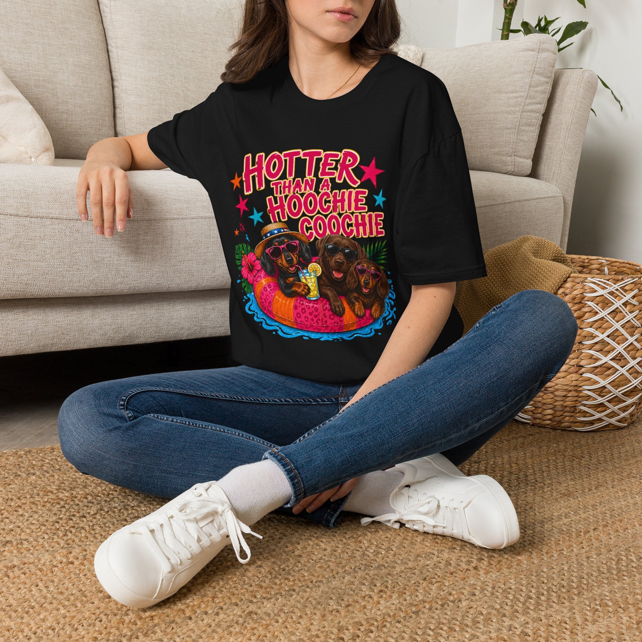 Hotter Than a Hoochie Coochie T-Shirt — Funny Summer Graphic Tee with Dogs