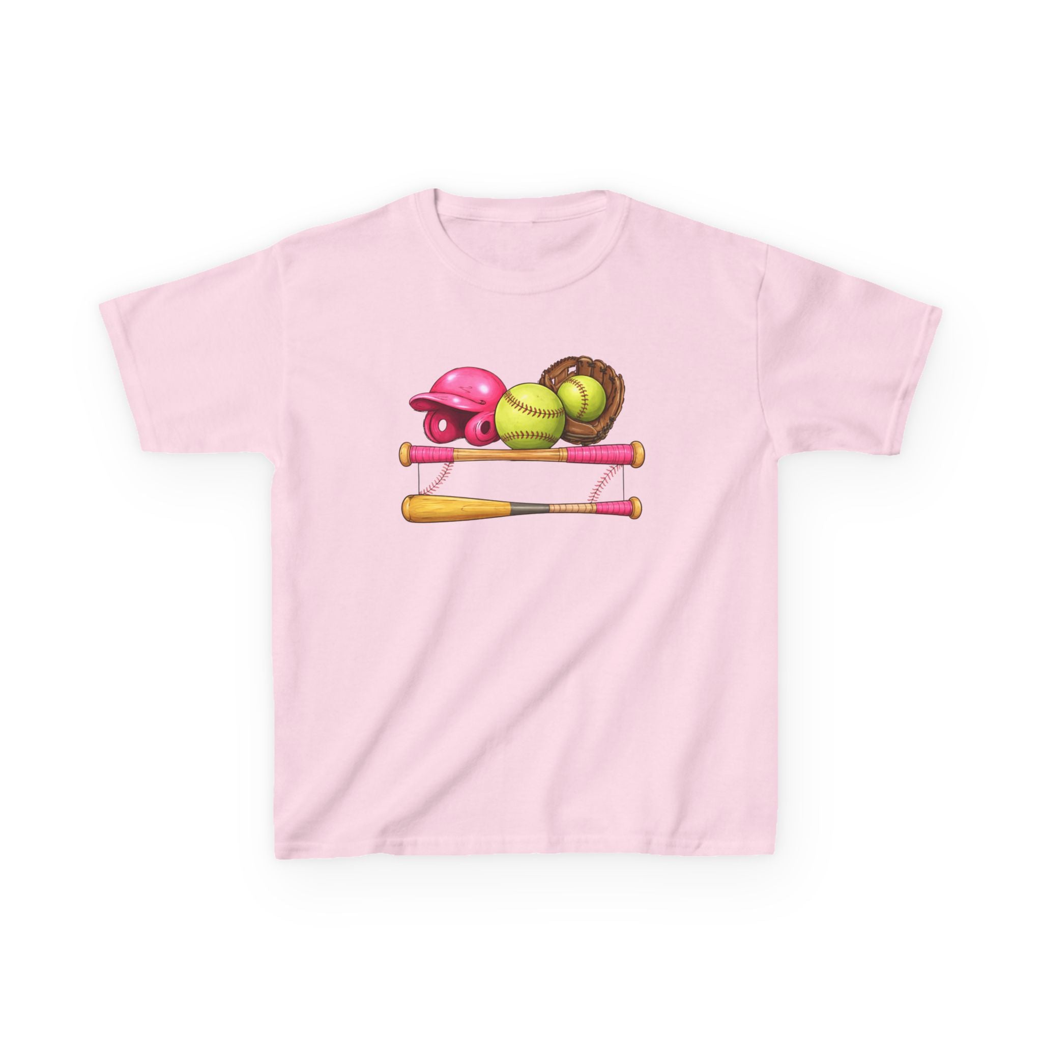 Kids Softball Gear T-Shirt — Pink Helmet, Bat & Glove Baseball Design