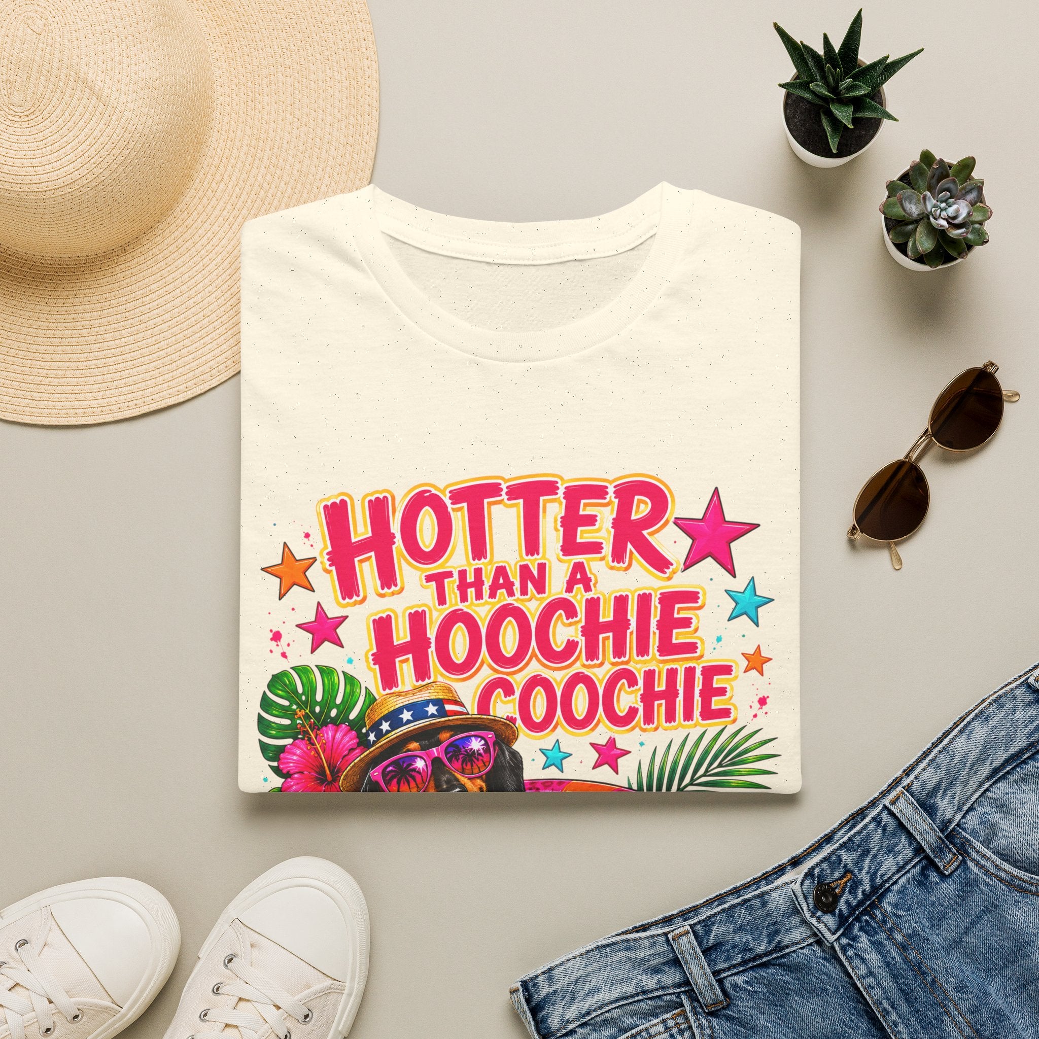 T-Shirt — "Hotter Than A Hoochie Coochie" Bright Retro Summer Graphic