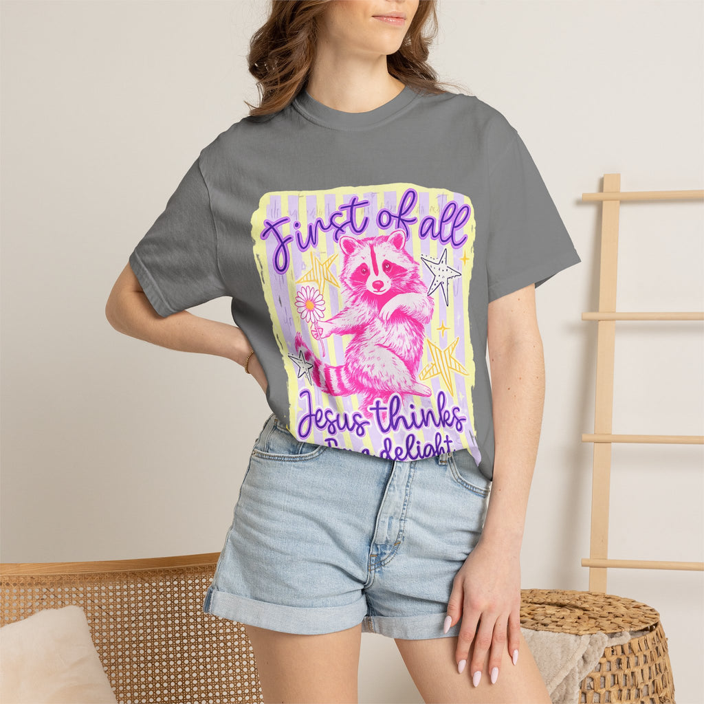 Raccoon Graphic T-Shirt — "First of All Jesus Thinks I’m a Delight" Christian Vintage Style Tee