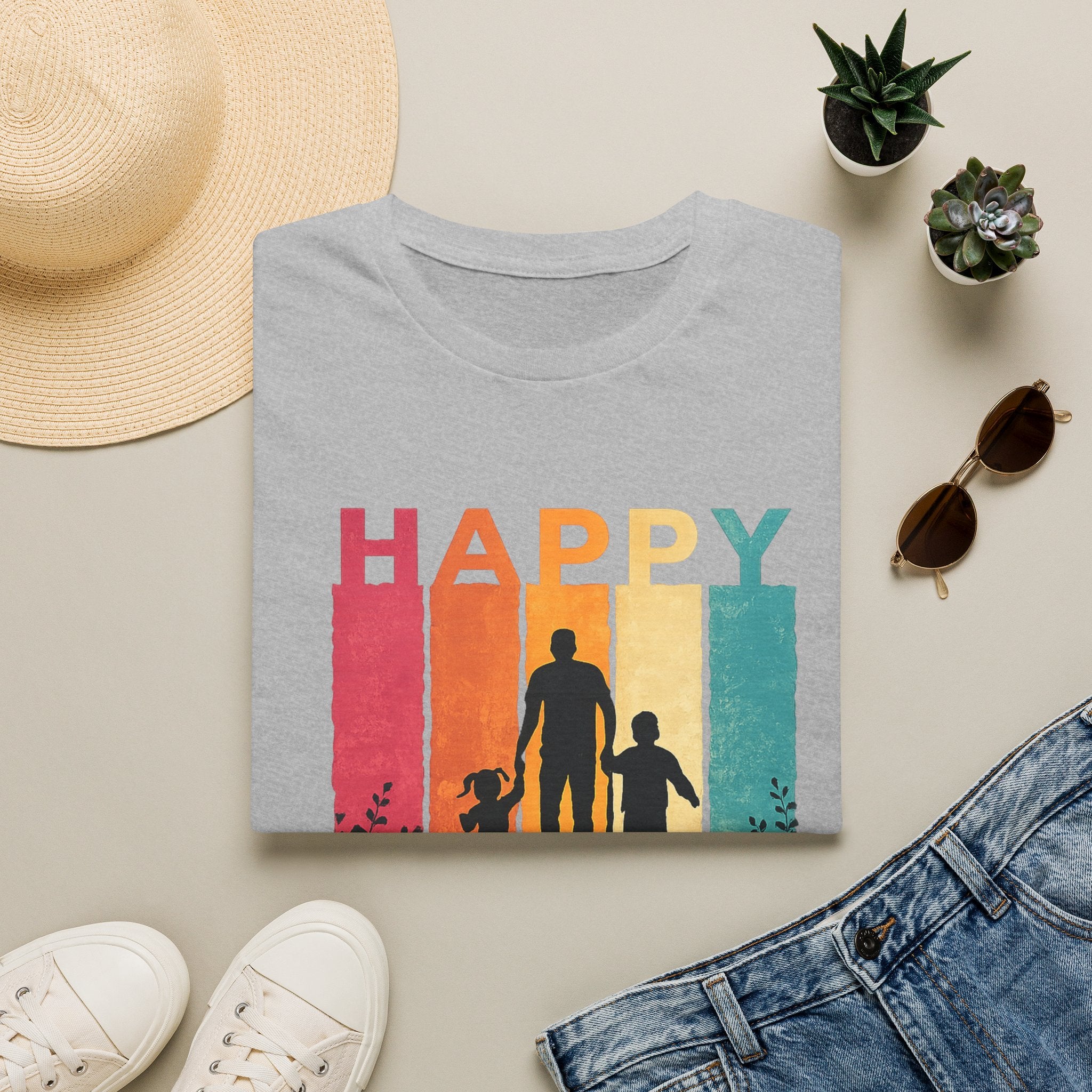 Happy Father's Day T-Shirt — Silhouette Dad with Kids Retro Stripes