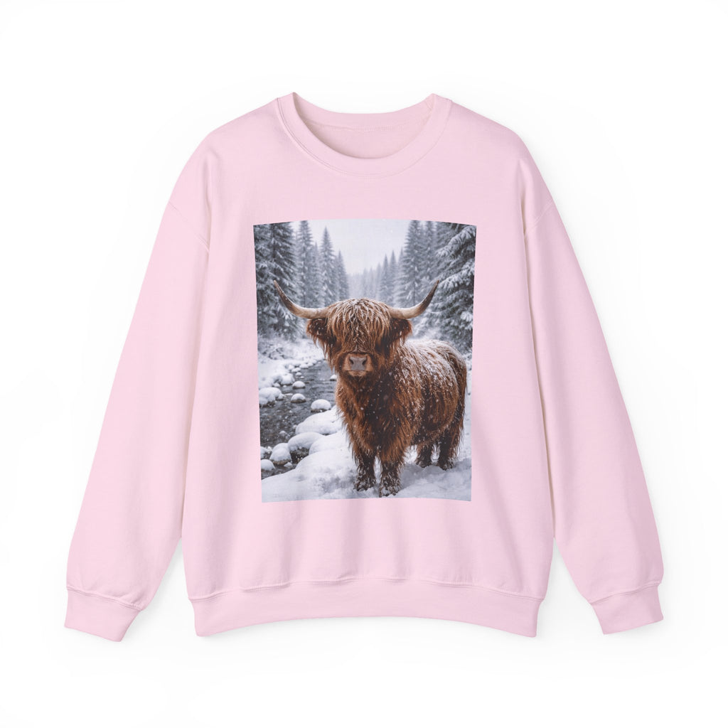 Highland Cow in Snow Crewneck Sweatshirt - Cozy Winter Forest Highlander Graphic
