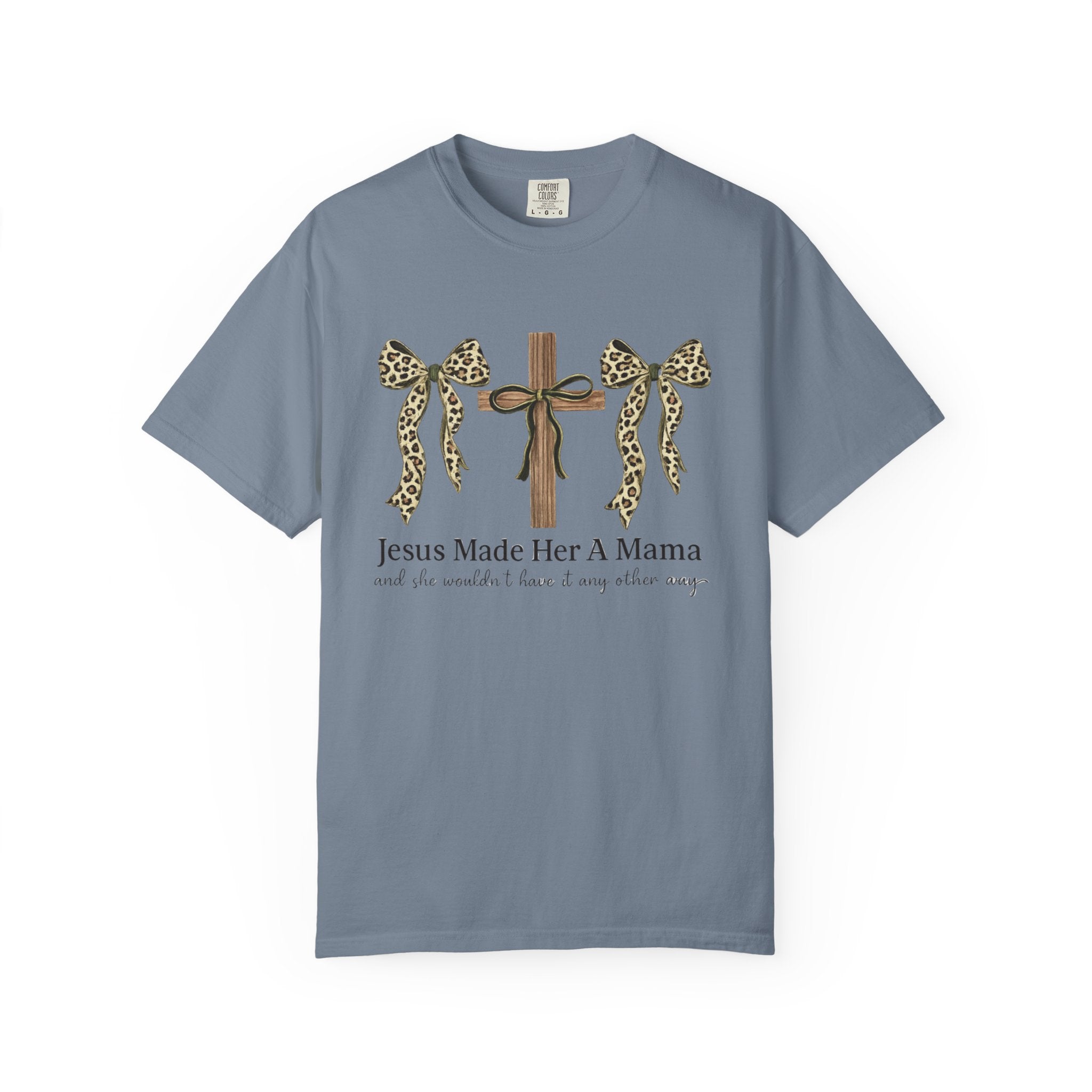 Jesus Made Her a Mama Cross T‑Shirt — Leopard Bow Christian Mother's Day Tee