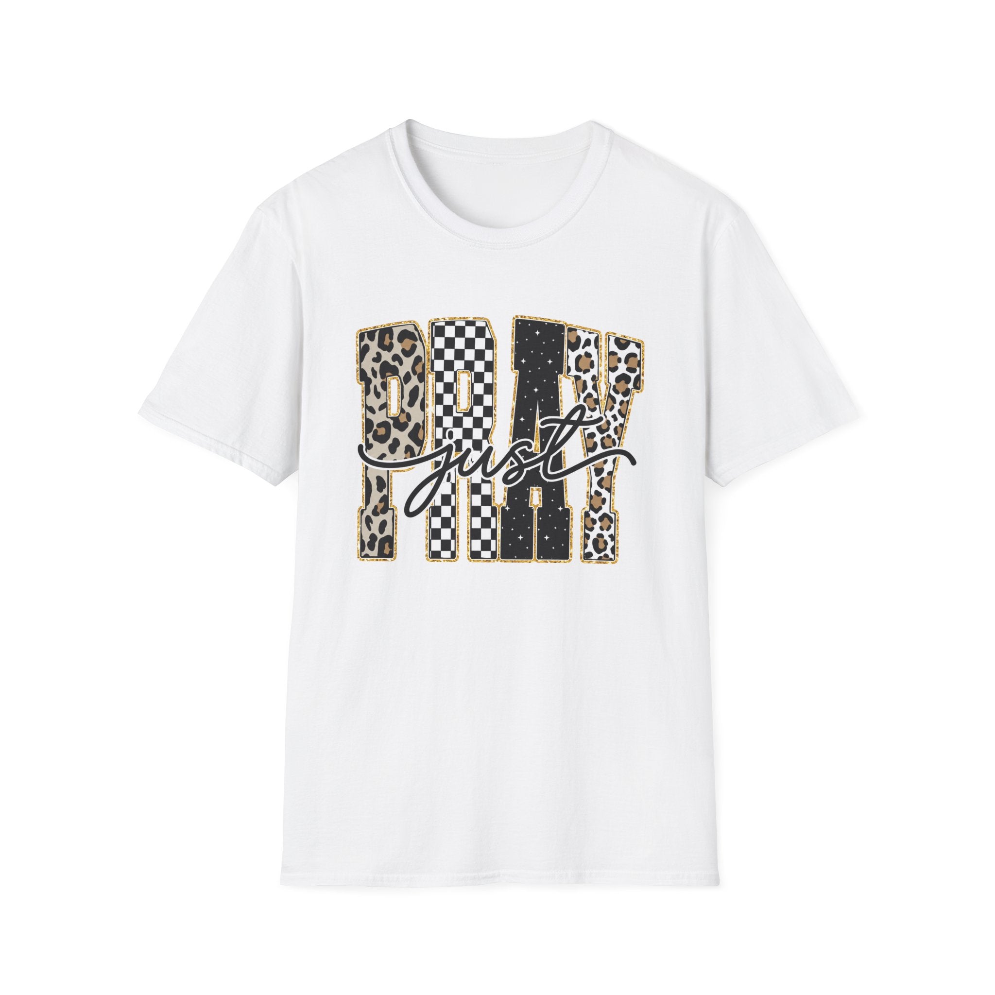T-Shirt — "Just Day" Leopard & Checker Graphic Tee