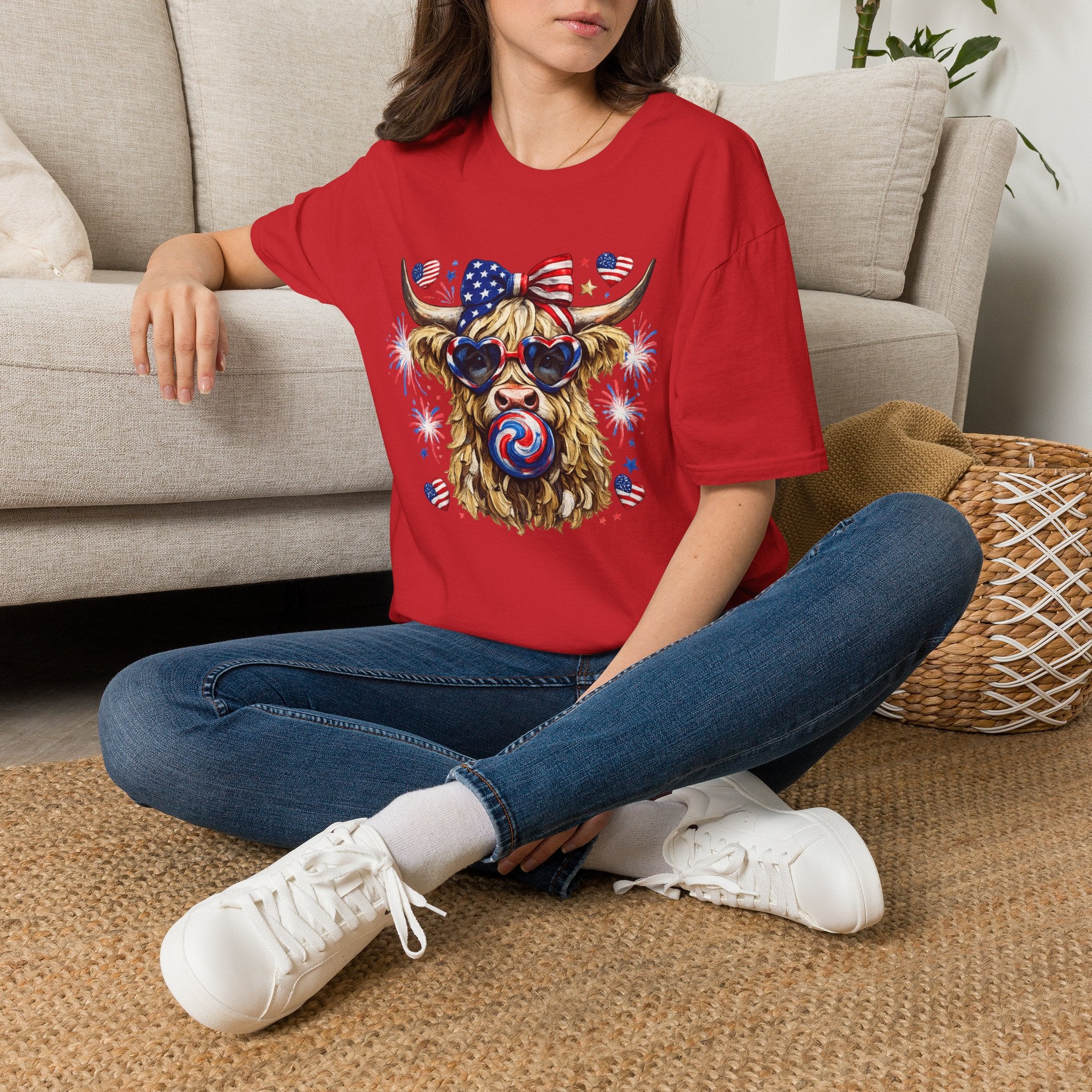 Patriotic Highland Cow T-Shirt — 4th of July American Flag Cow Tee