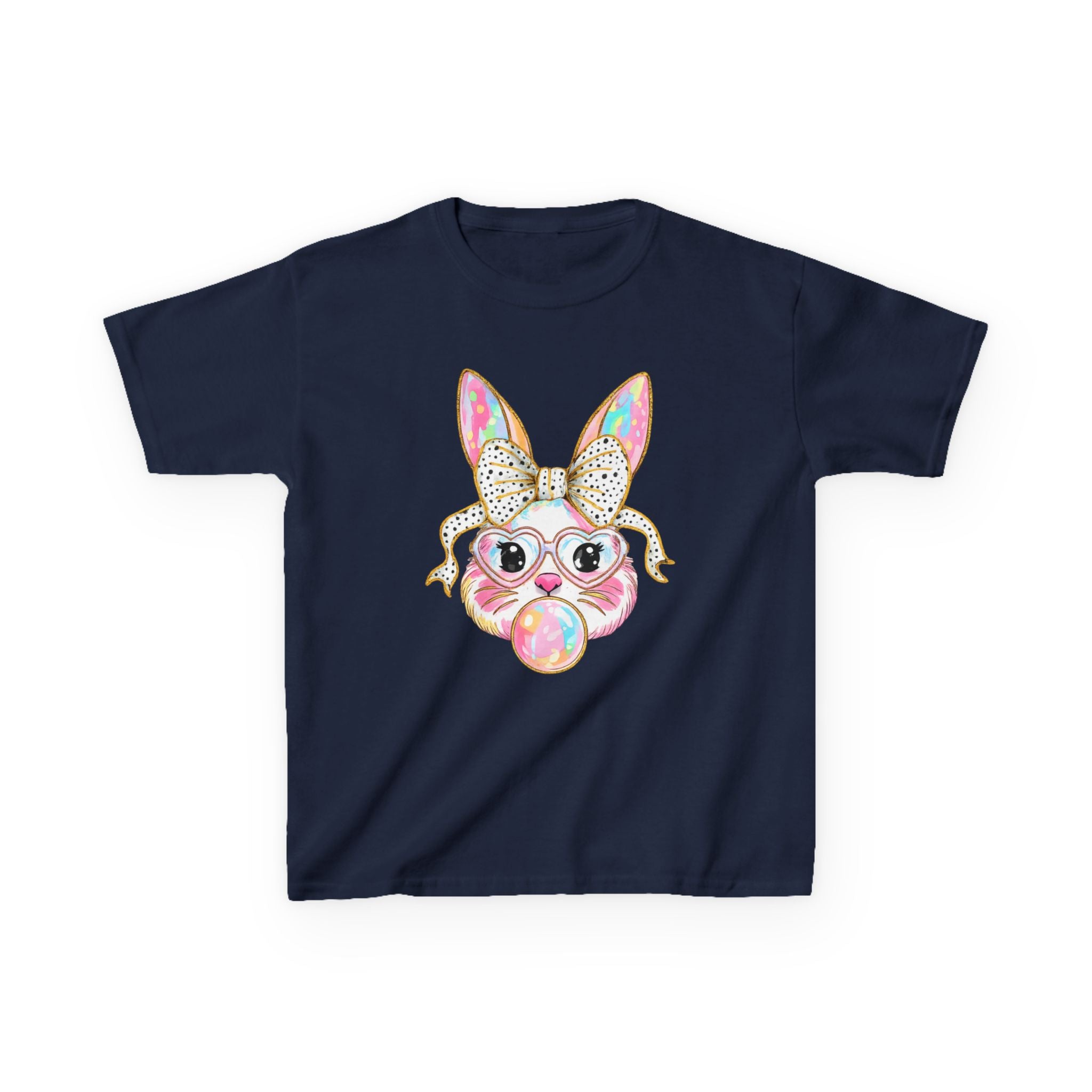 Kids Bunny Bubblegum Tee — Cute Bunny with Bow & Glasses Kids T-Shirt