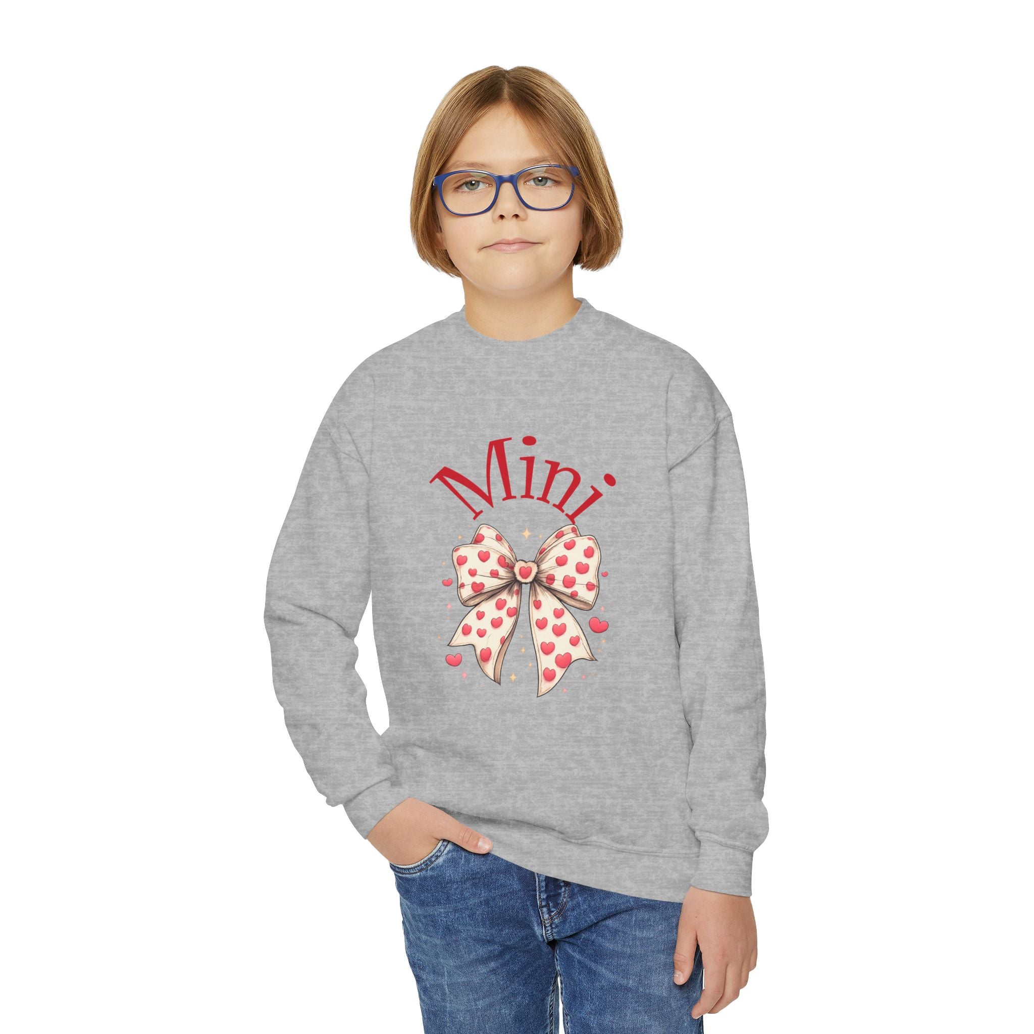 Youth Crewneck Sweatshirt — "Mini" Heart Bow Graphic
