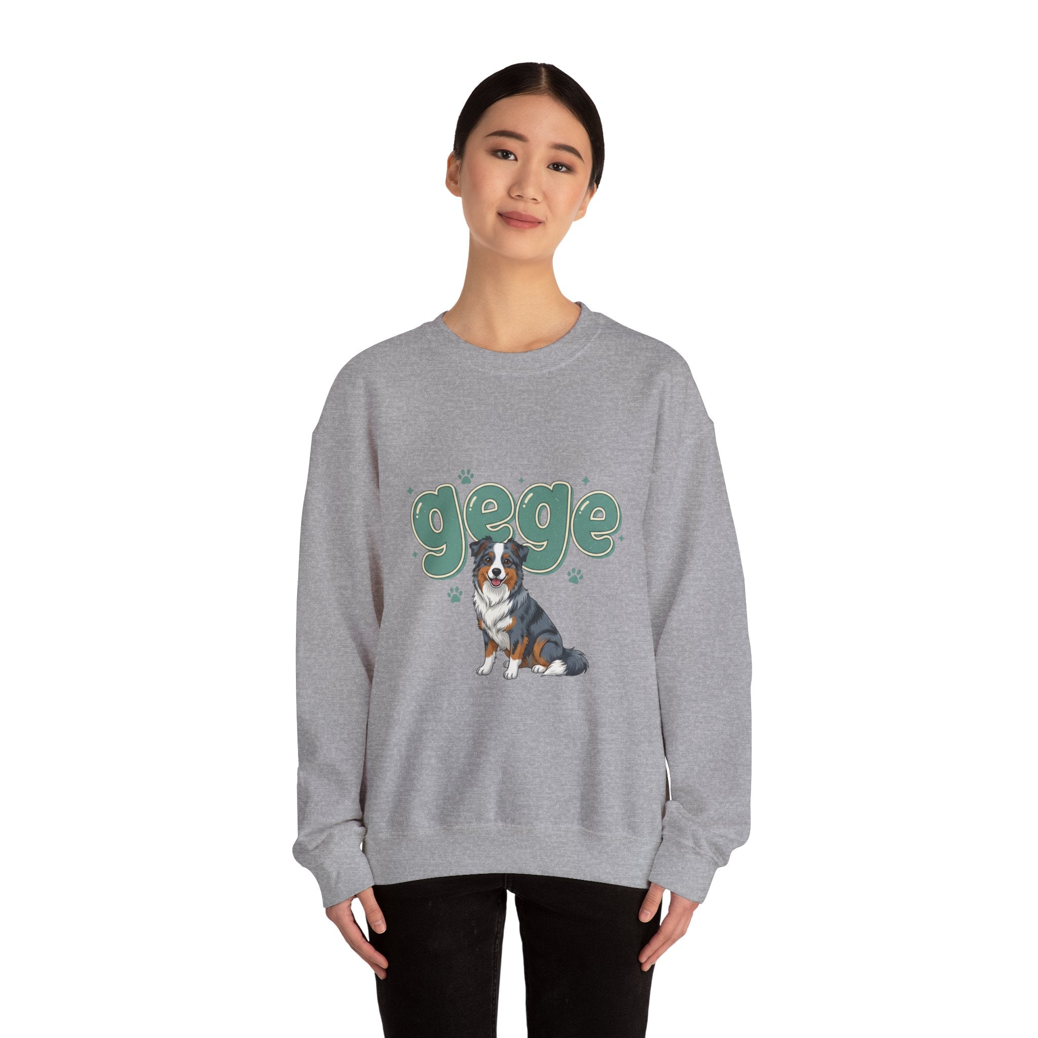 Crewneck Sweatshirt — Cute "gege" Design with Australian Shepherd Illustration