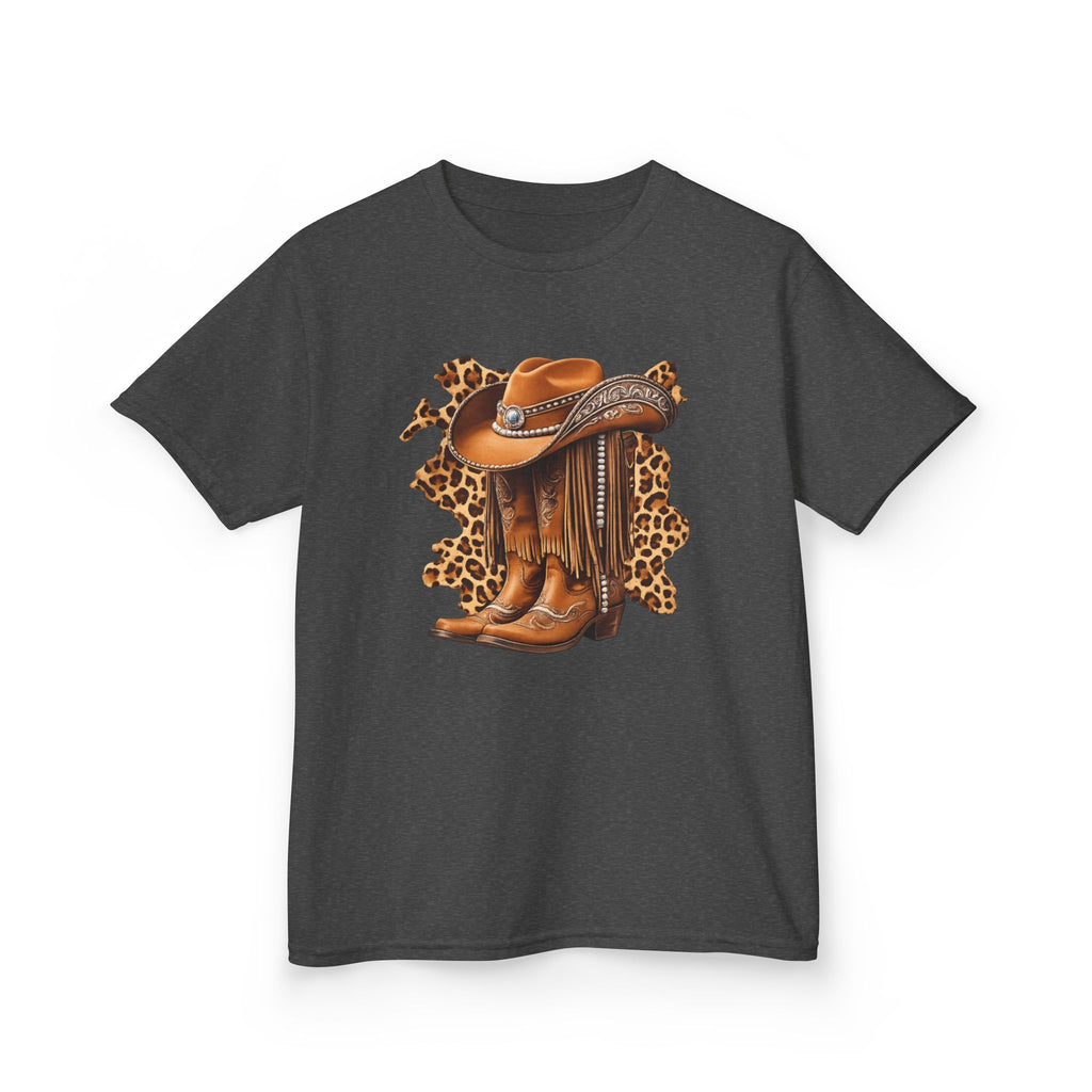 Kids Cowboy Hat & Boots Tee — Leopard Print Western Kids T-Shirt