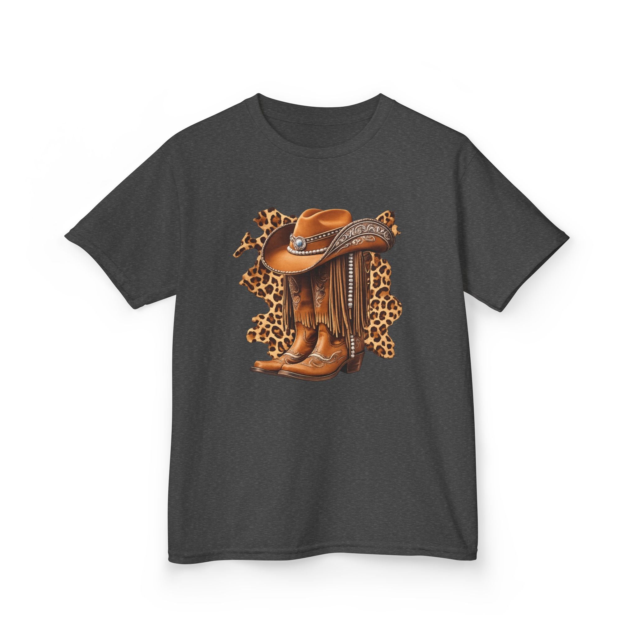 Kids Cowboy Hat & Boots Tee — Leopard Print Western Kids T-Shirt