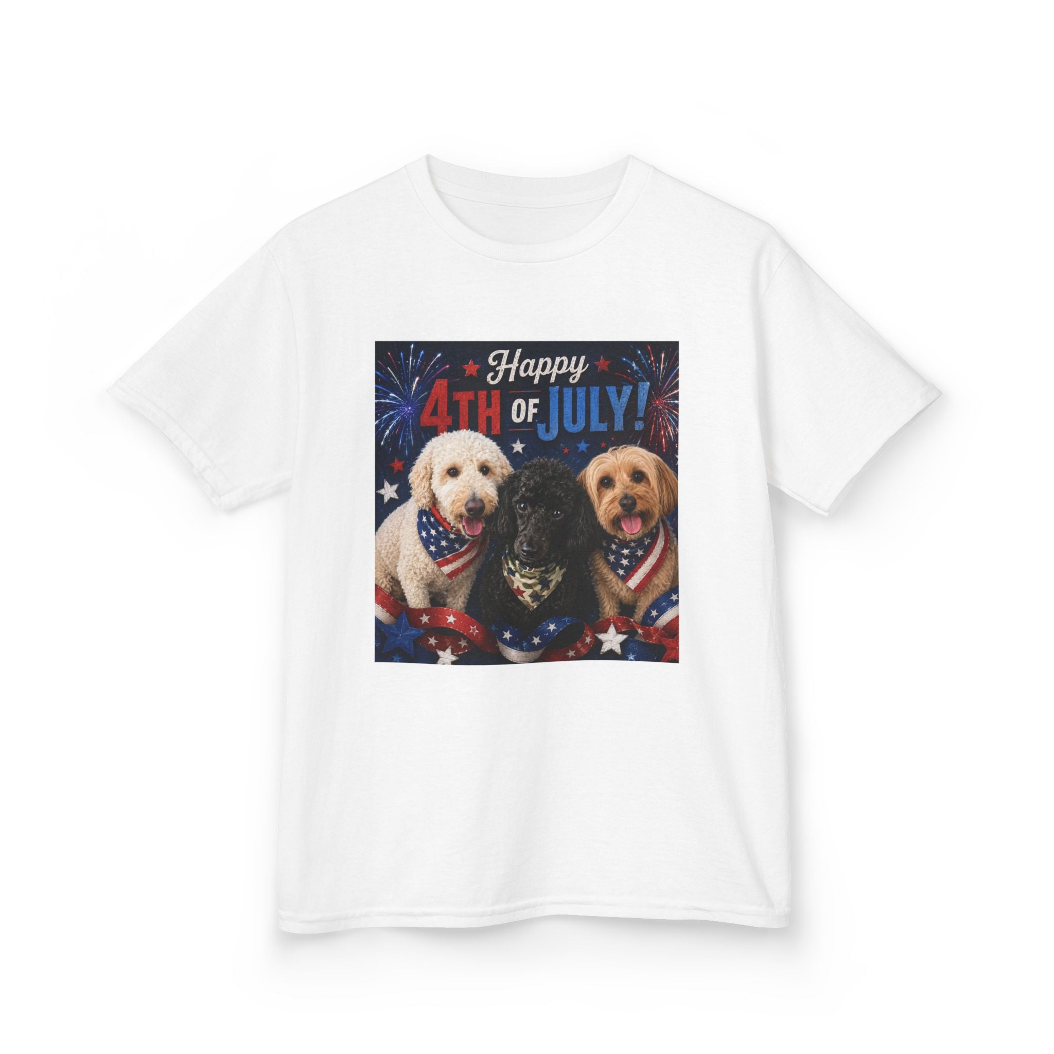 4th of July Kids Tee – Patriotic Dogs "Happy 4th of July"