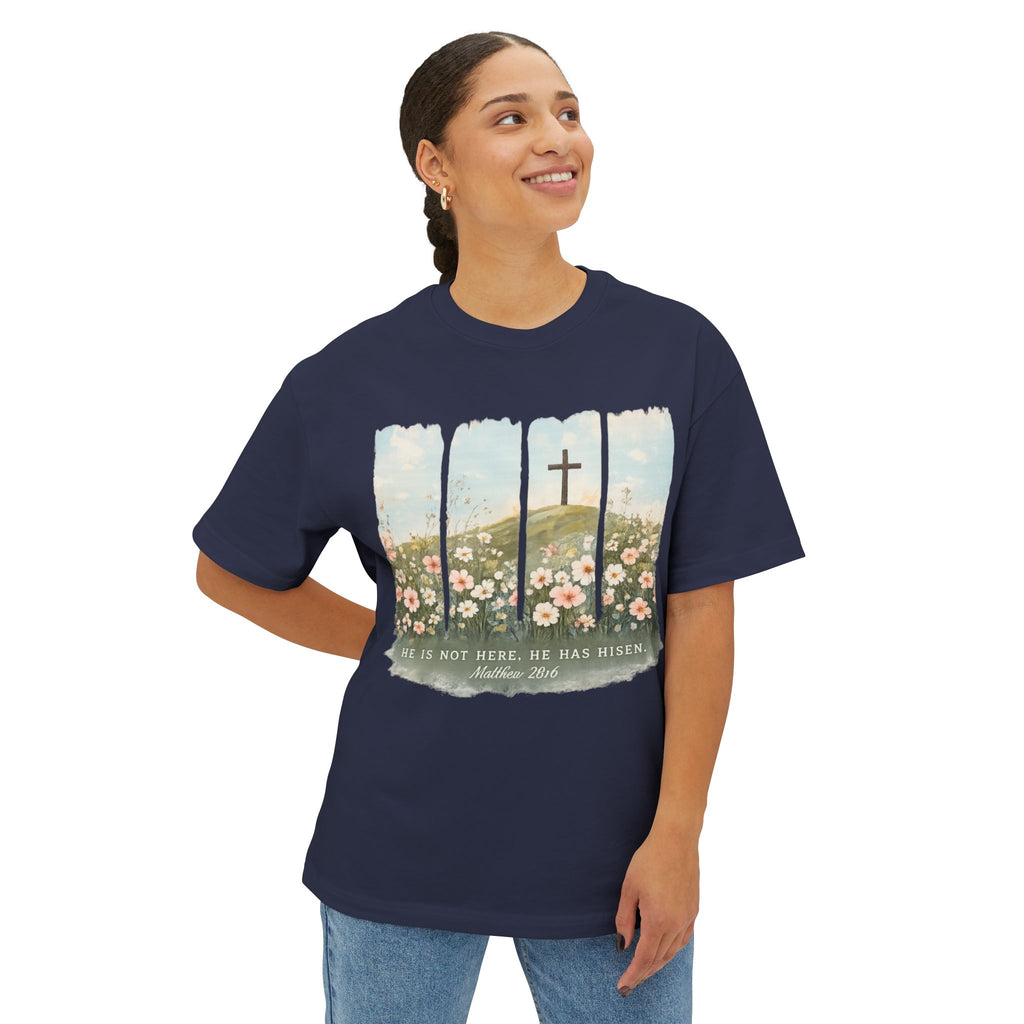 Easter Cross Tee — “He Is Not Here, He Has Risen” Floral Graphic Shirt