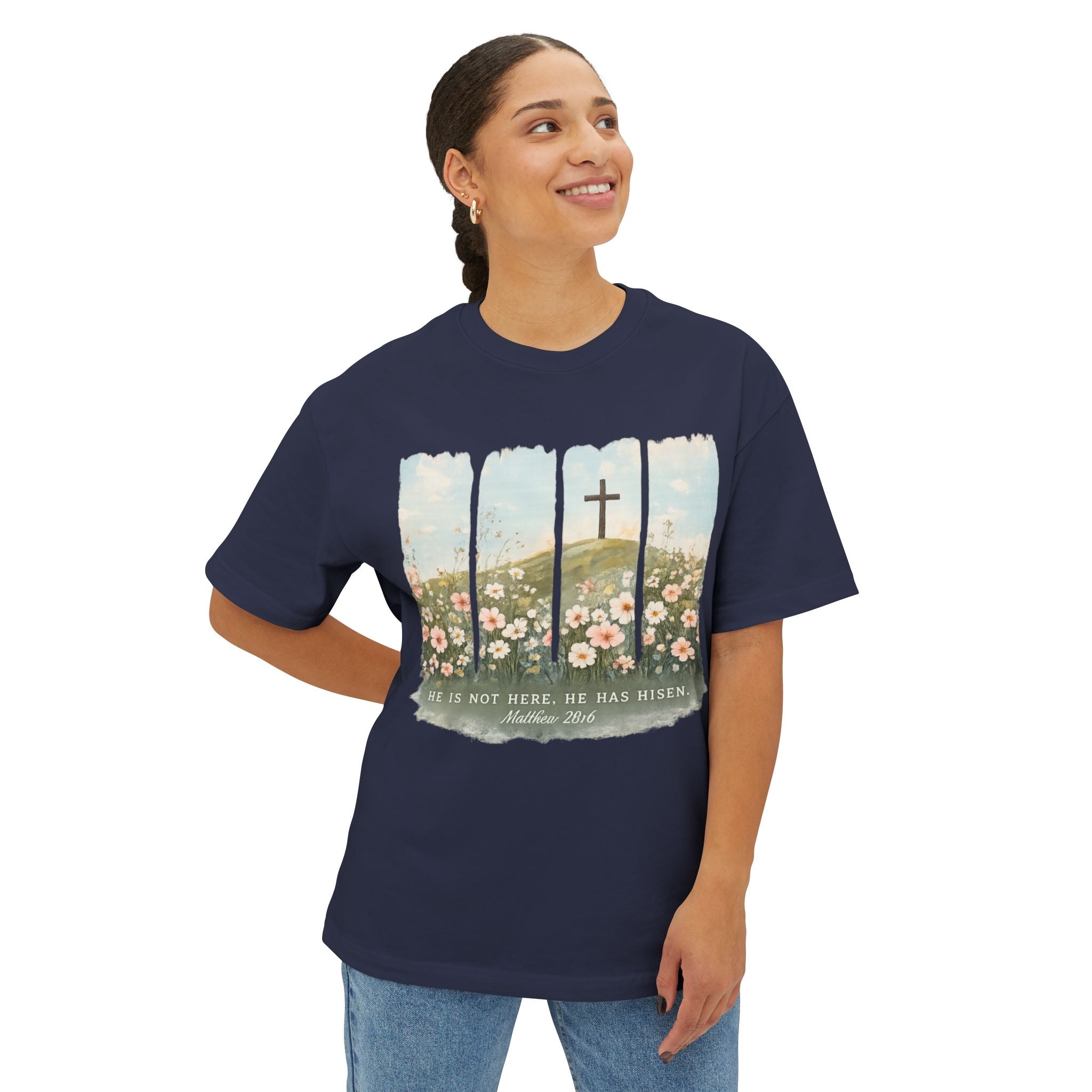 Easter Cross Tee — “He Is Not Here, He Has Risen” Floral Graphic Shirt