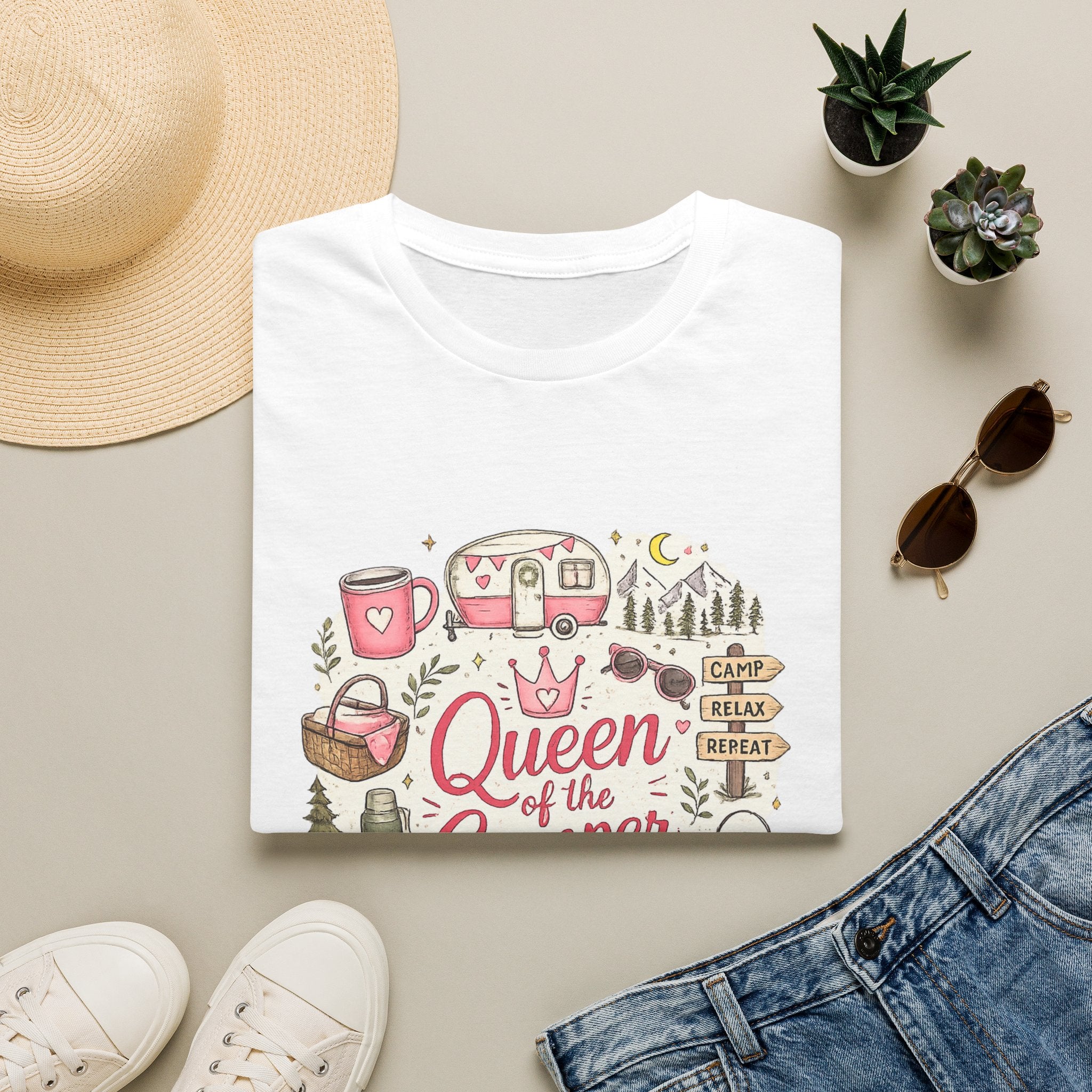 Queen of the Camper T-Shirt — Cute Pink Camping RV Graphic Tee for Women