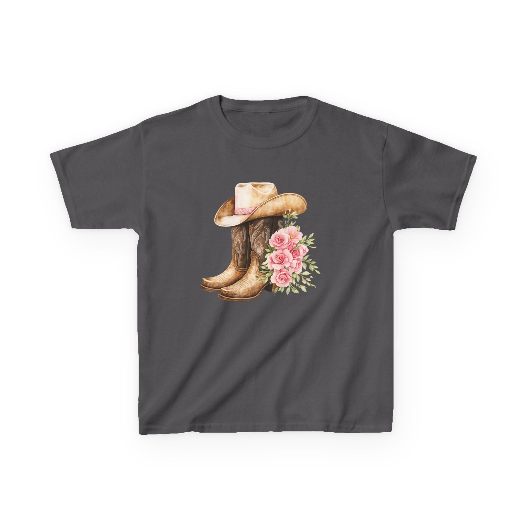 Kids Western Tee — Cowboy Hat & Boots with Pink Floral Design