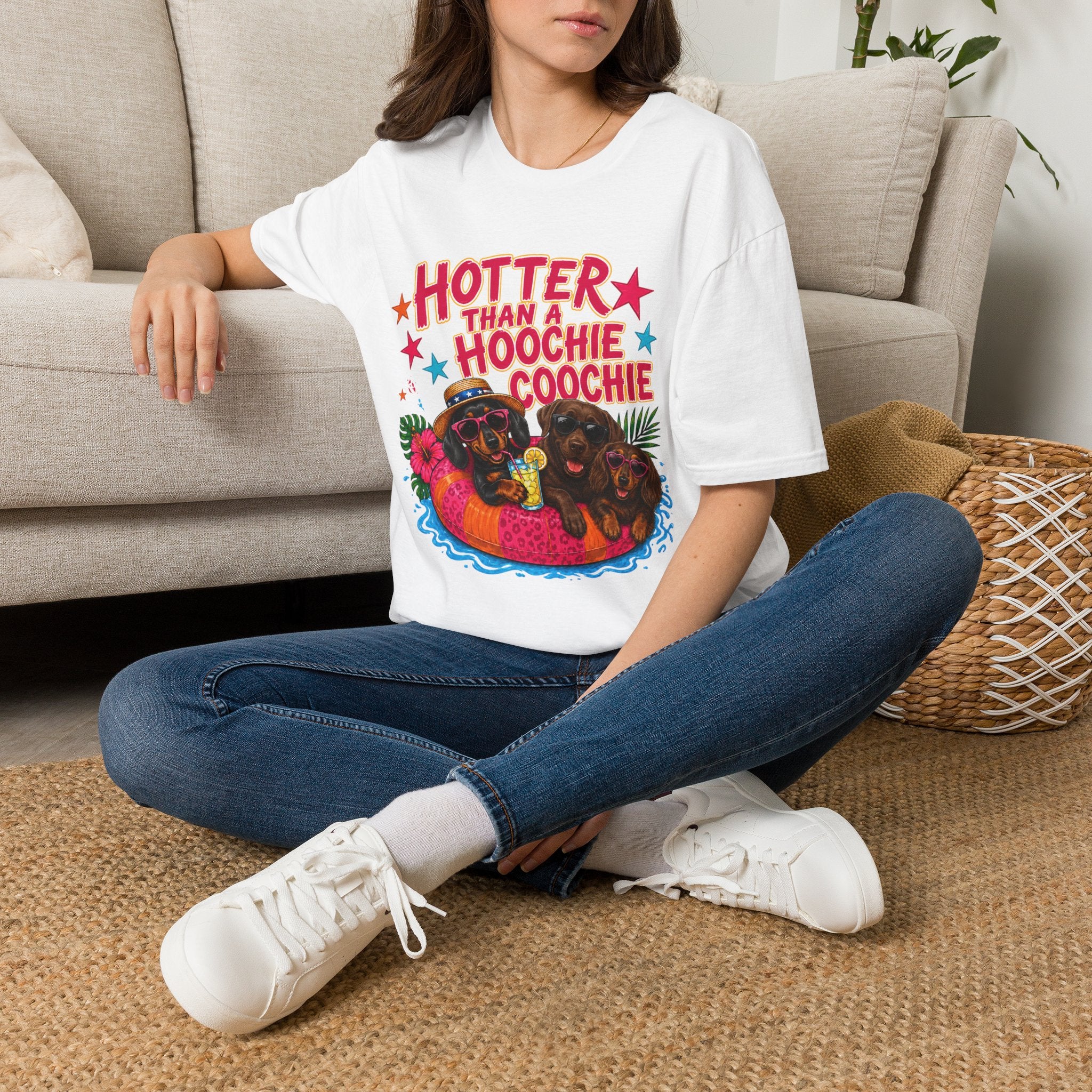 Hotter Than a Hoochie Coochie T-Shirt — Funny Summer Graphic Tee with Dogs