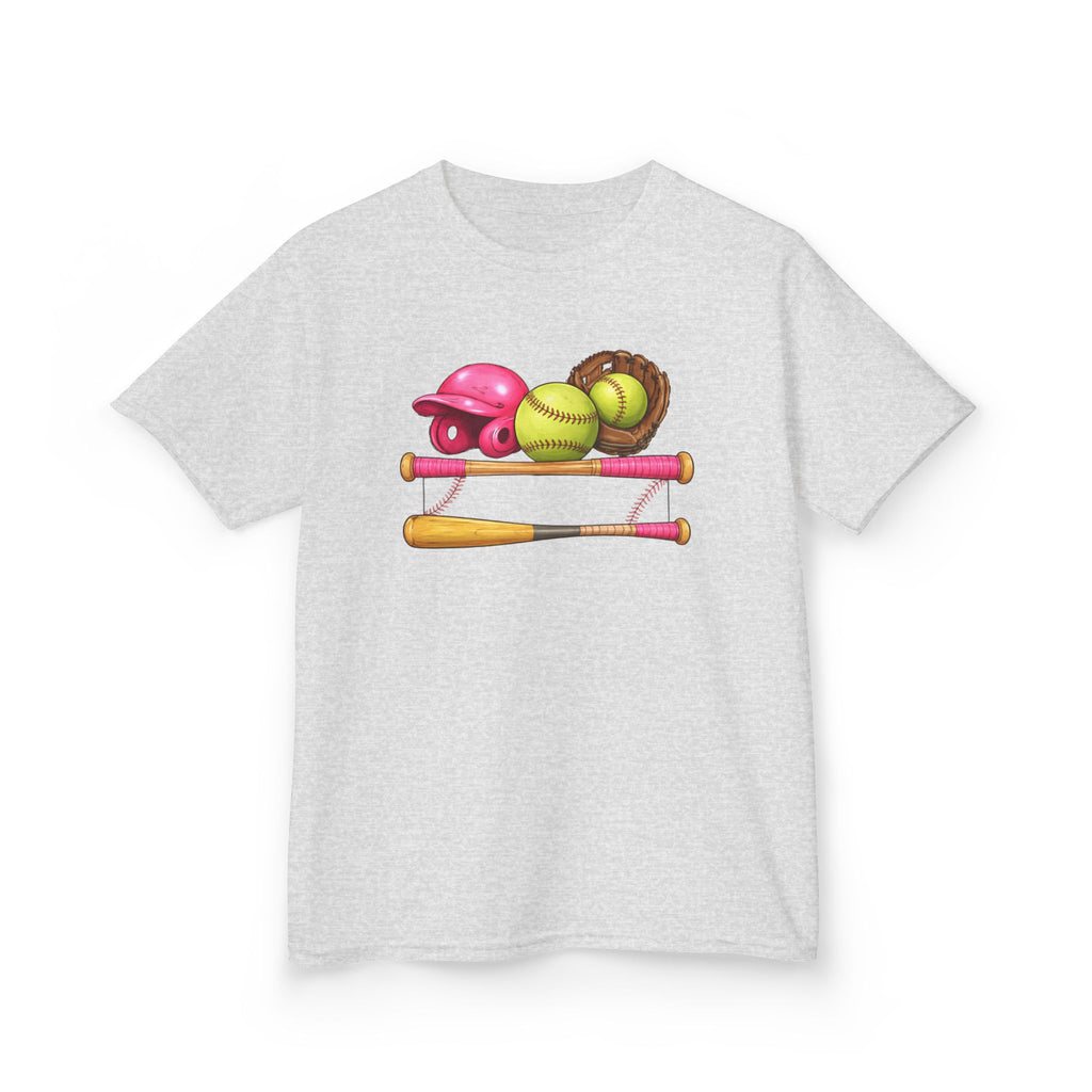 Kids Softball Gear T-Shirt — Pink Helmet, Bat & Glove Baseball Design