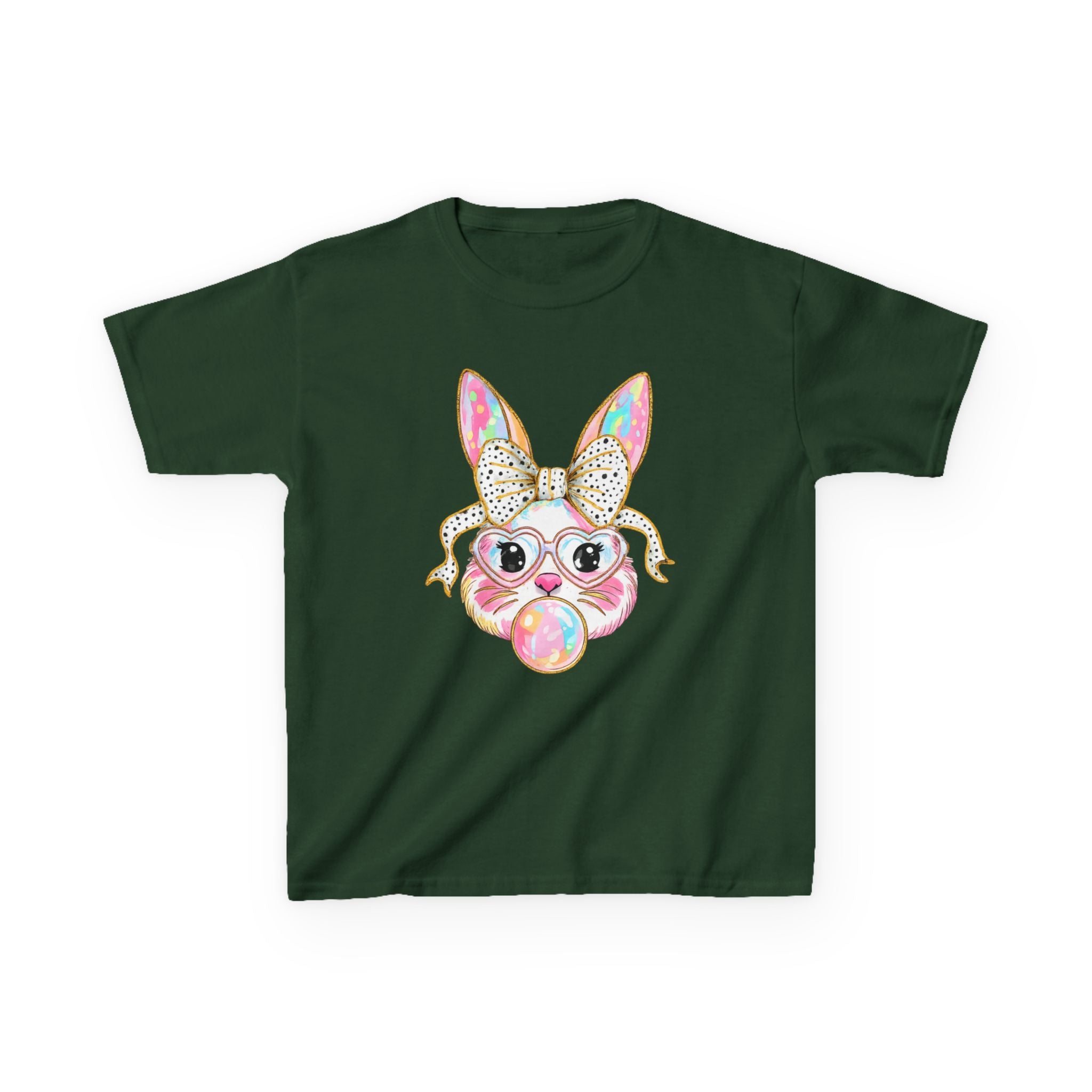Kids Bunny Bubblegum Tee — Cute Bunny with Bow & Glasses Kids T-Shirt