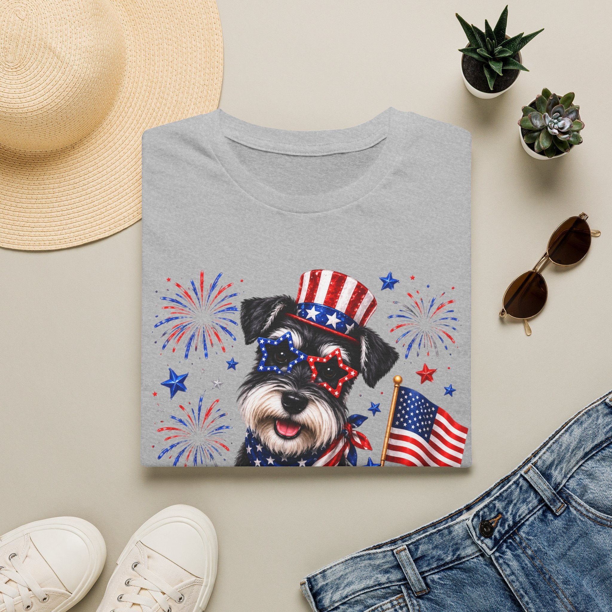 Patriotic Pup T‑Shirt — American Flag Dog with Fireworks (Fourth of July)