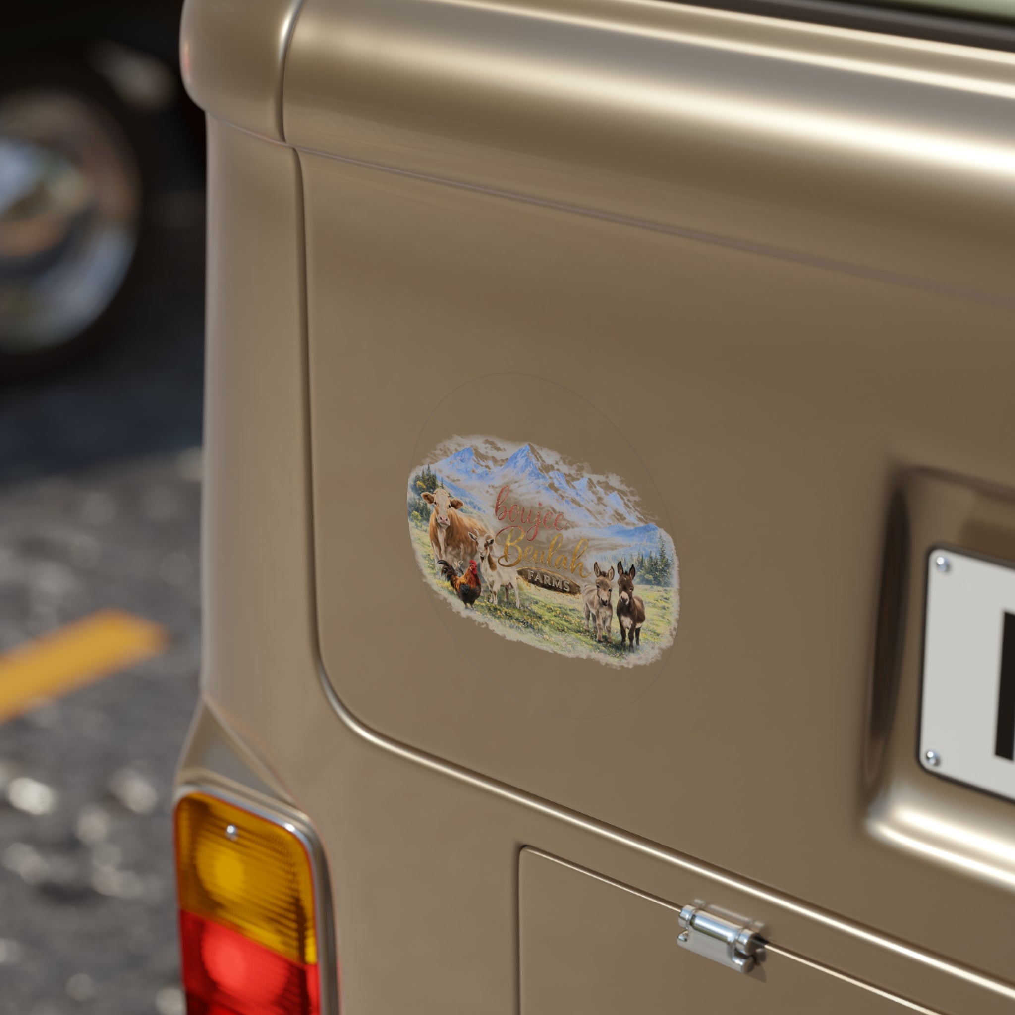 Round Outdoor Sticker — 'Boujee Beulah Designs' Farm Animals & Mountain Logo