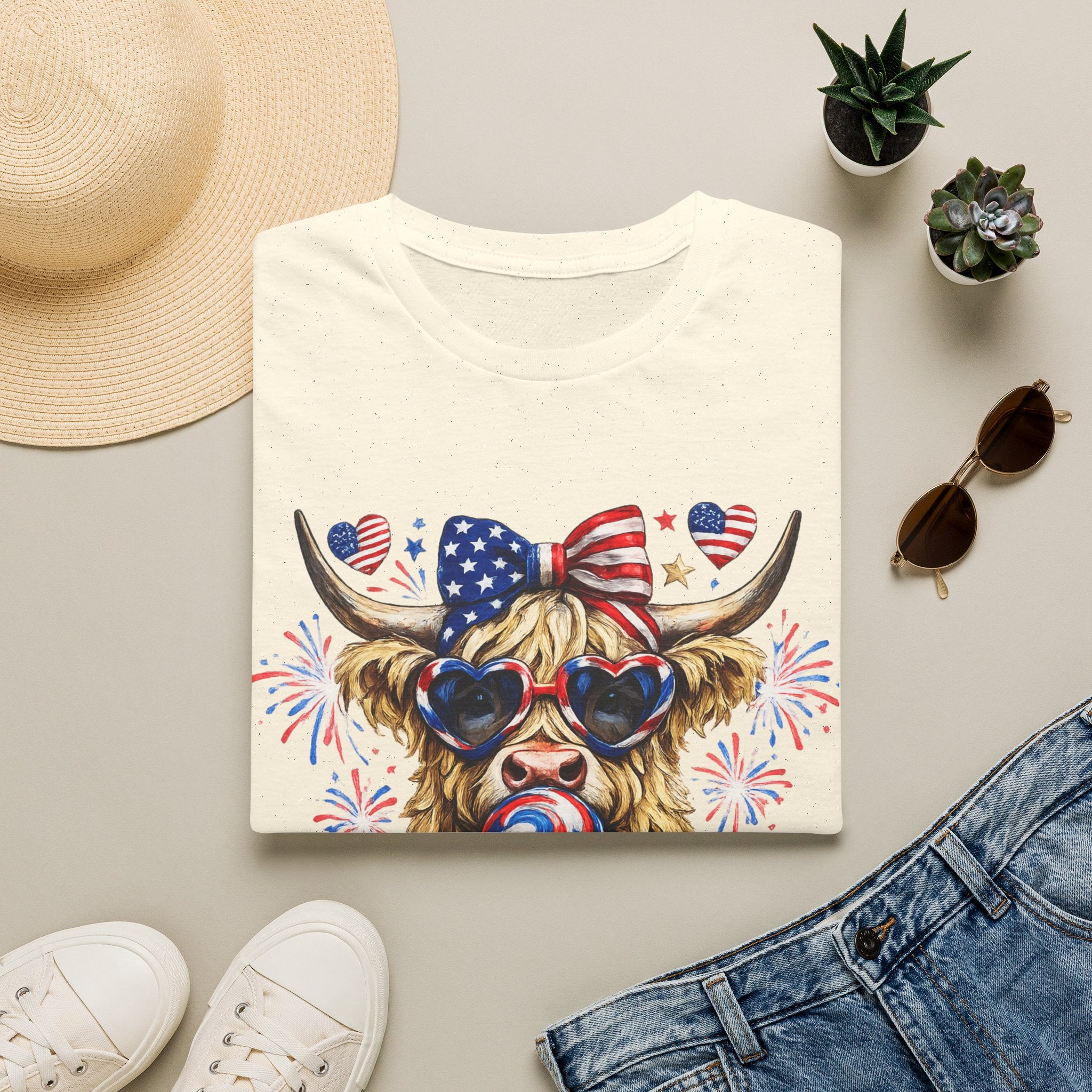 Patriotic Highland Cow T-Shirt — 4th of July American Flag Cow Tee