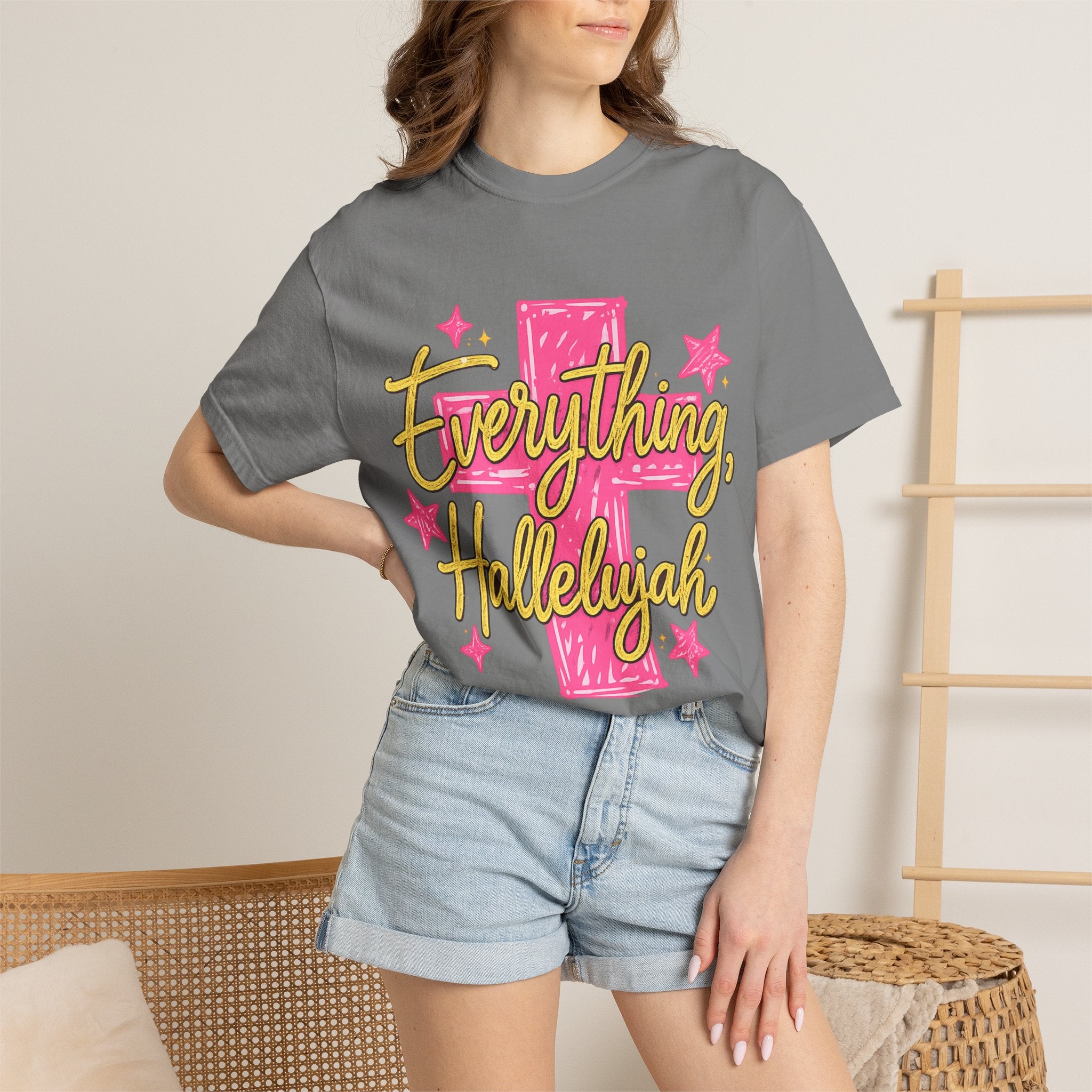 Everything, Hallelujah T-Shirt — Bright Pink Cross & Script Christian Tee