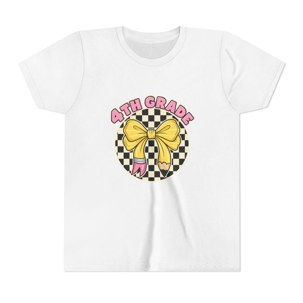 4th Grade Youth Tee — Cute Checkerboard Bow Back-to-School Shirt