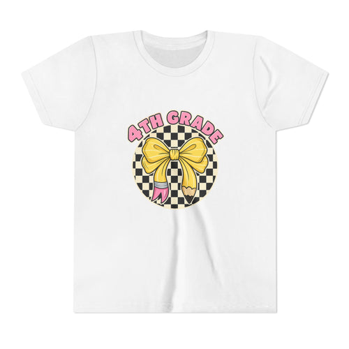 4th Grade Youth Tee — Cute Checkerboard Bow Back-to-School Shirt