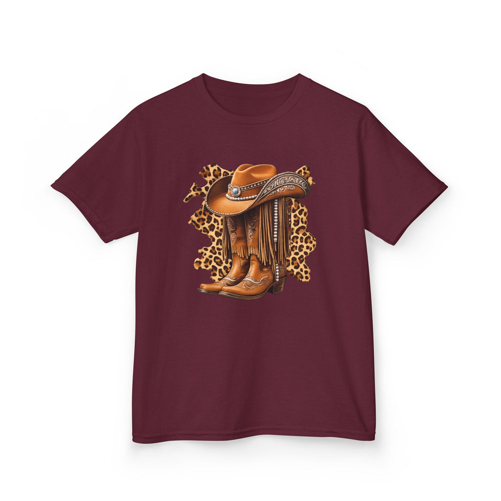Kids Cowboy Hat & Boots Tee — Leopard Print Western Kids T-Shirt