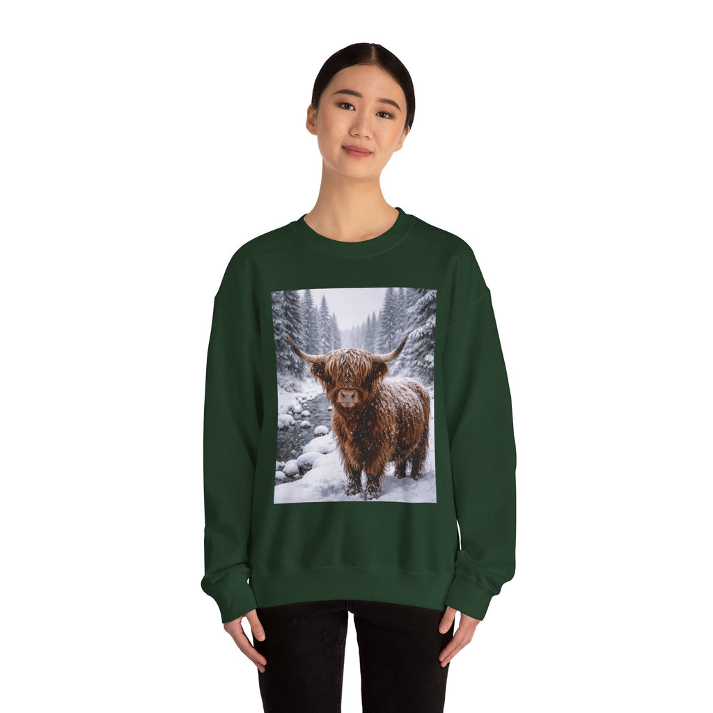 Highland Cow in Snow Crewneck Sweatshirt - Cozy Winter Forest Highlander Graphic