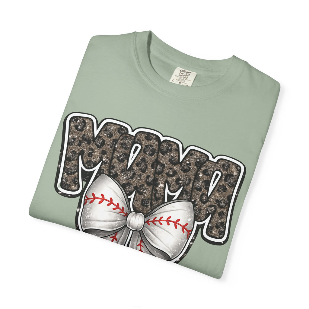 Baseball Mom T-Shirt — Camo Lettering with Baseball Bow