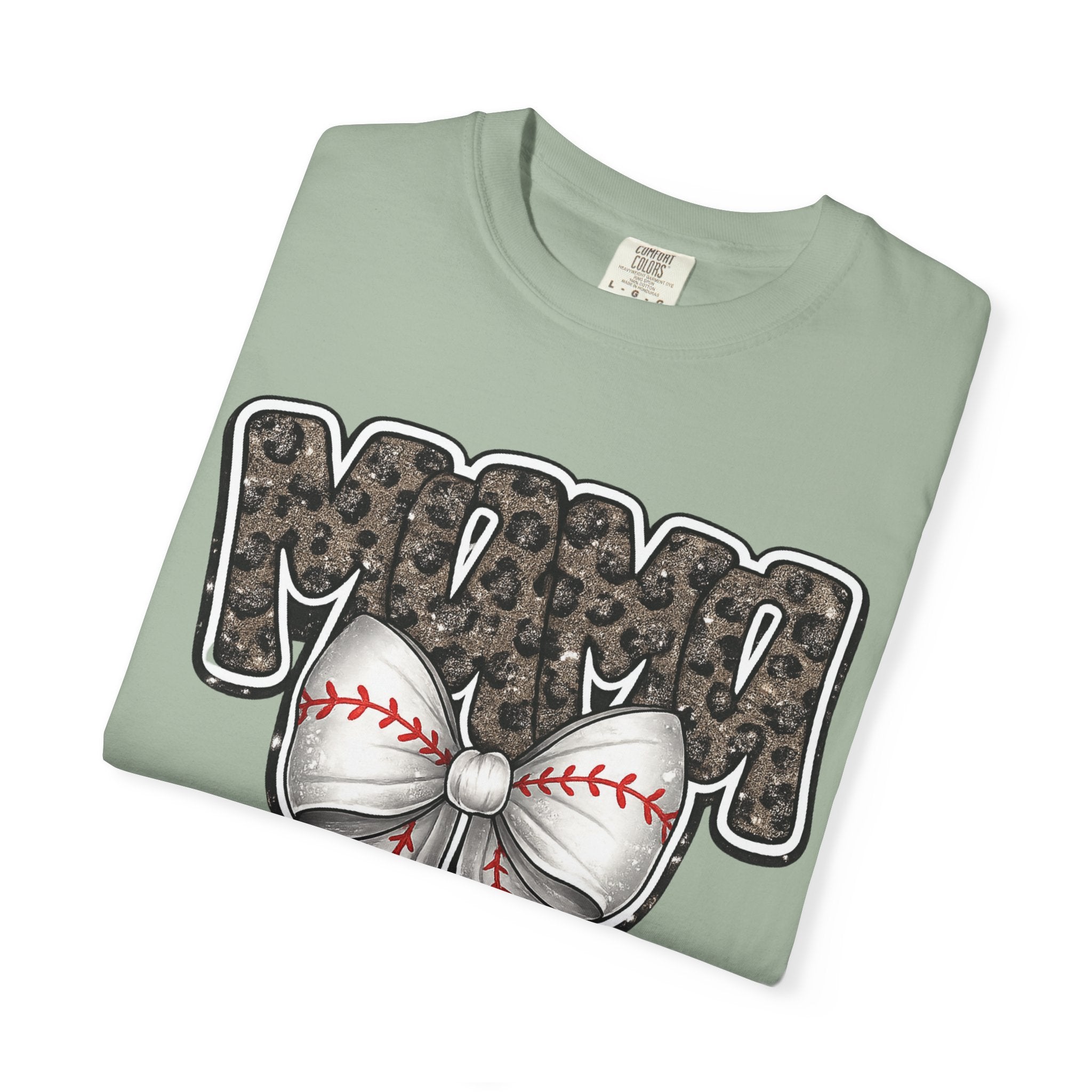 Baseball Mom T-Shirt — Camo Lettering with Baseball Bow