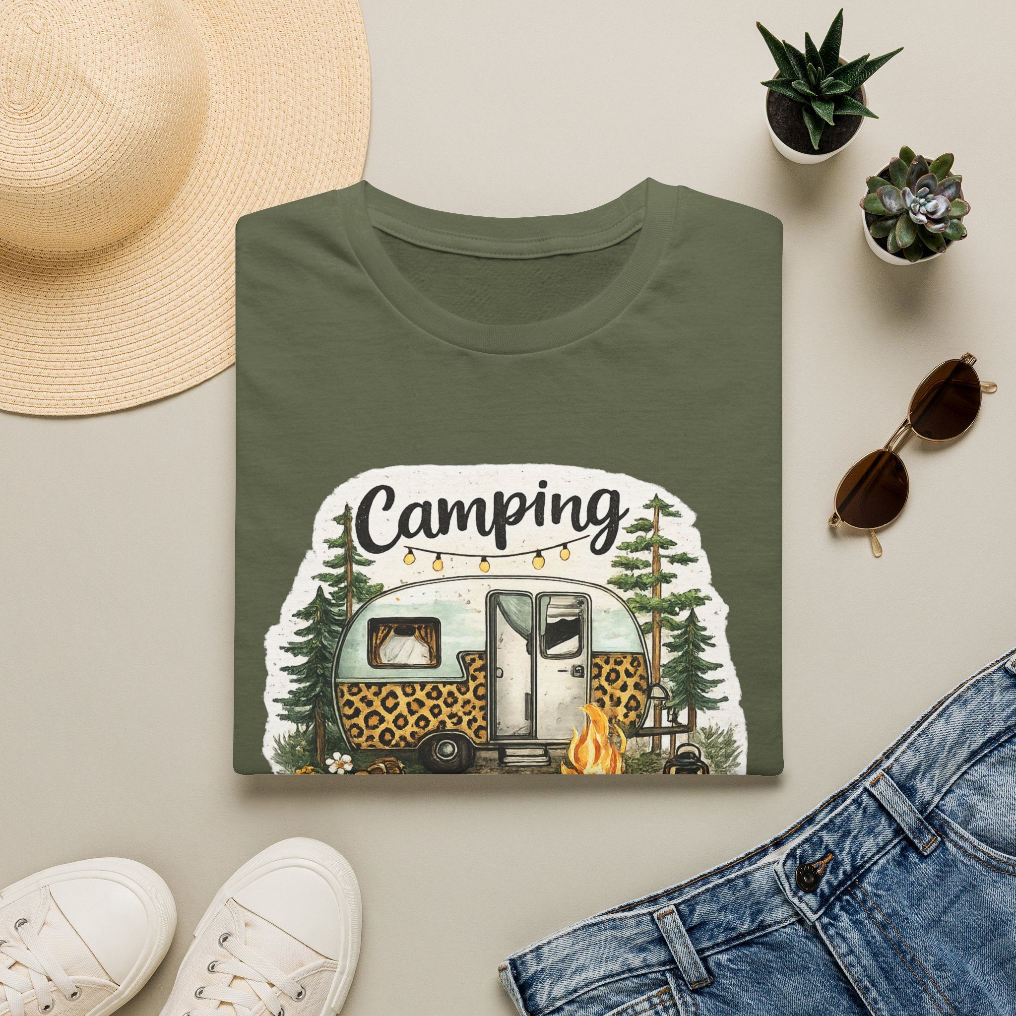 Camping Is My Happy Place T‑Shirt — Leopard Camper Graphic Tee