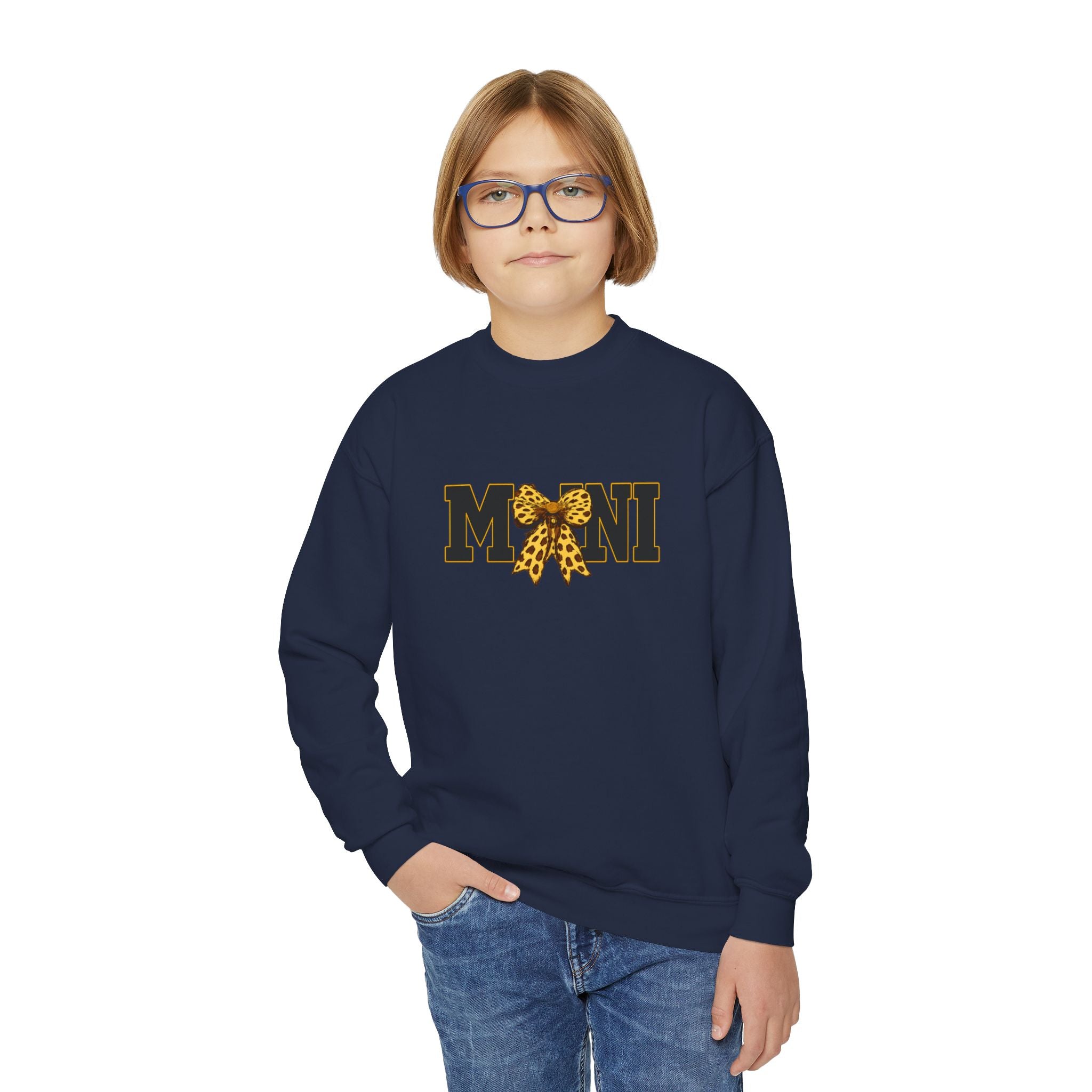 Youth 'Mini' Crewneck Sweatshirt — Leopard Bow Graphic