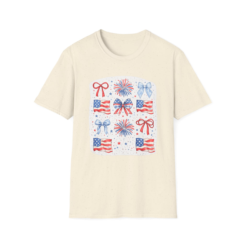 Patriotic 4th of July T-Shirt — USA Flag Bows & Fireworks Design