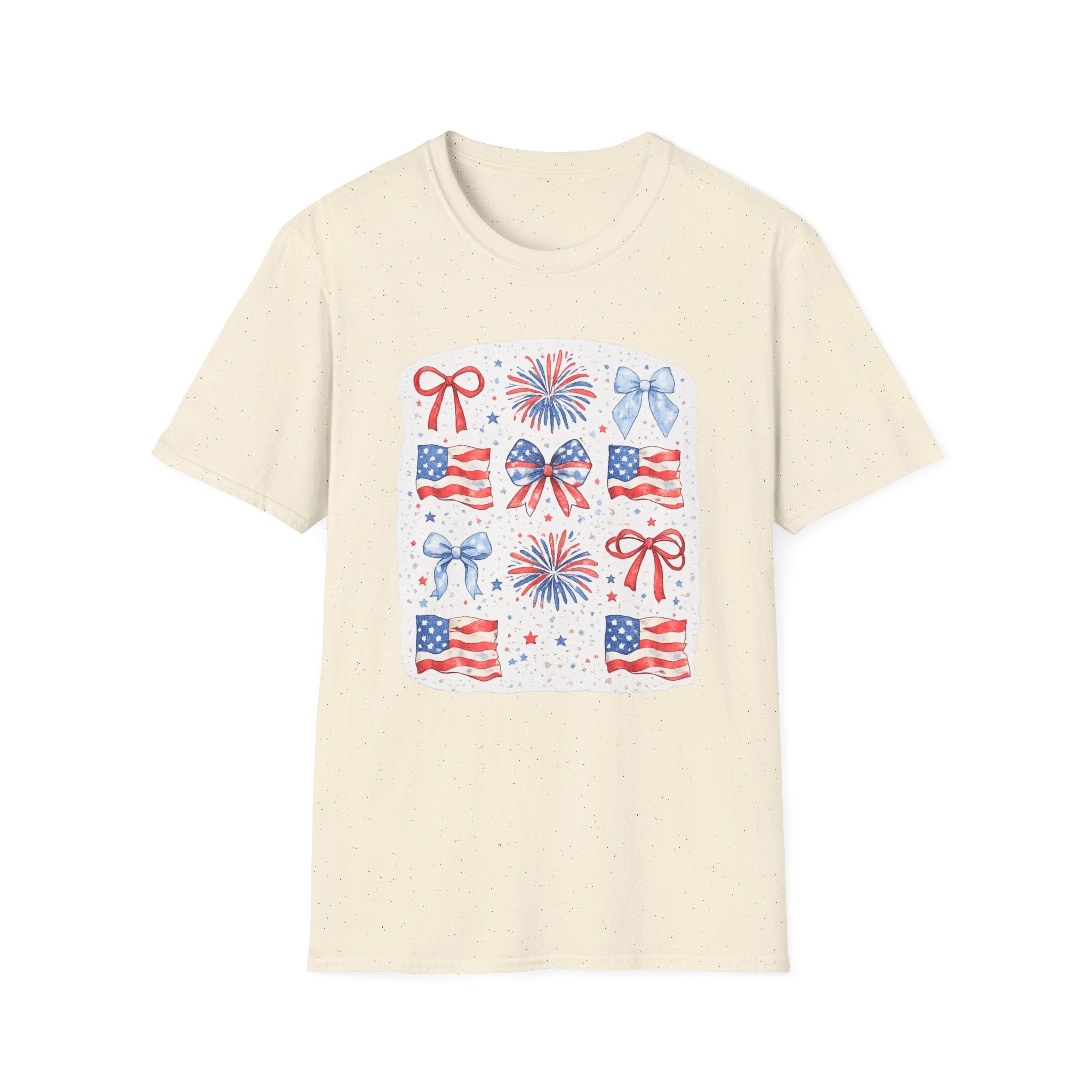 Patriotic 4th of July T-Shirt — USA Flag Bows & Fireworks Design