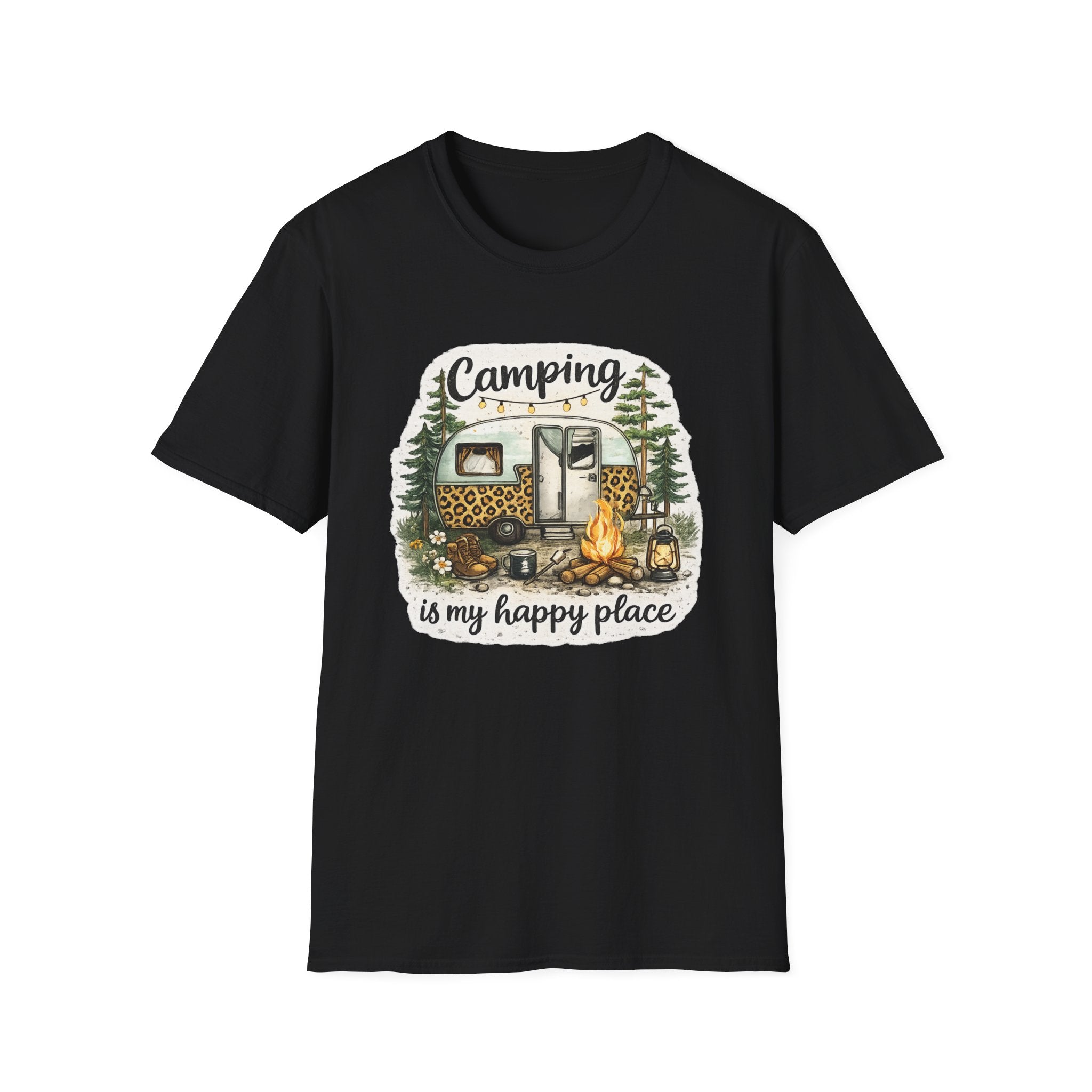 Camping Is My Happy Place T‑Shirt — Leopard Camper Graphic Tee