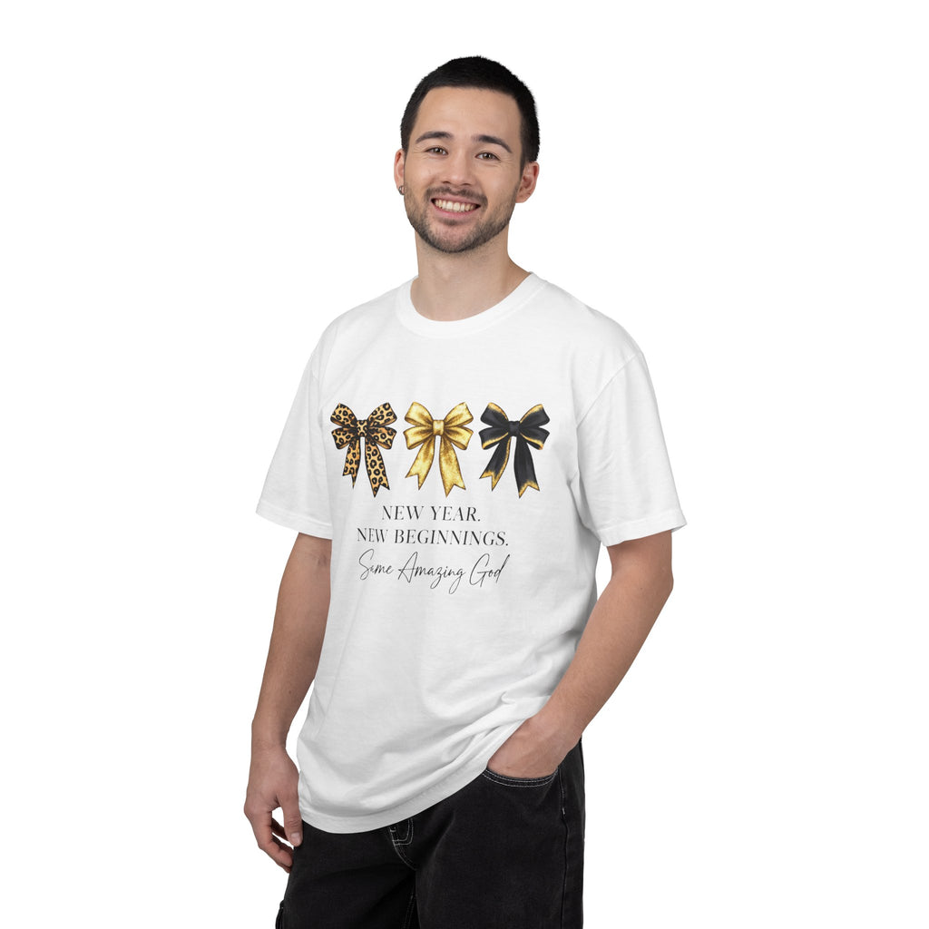 T-Shirt — "New Year, New Beginnings" Gold & Black Bow Graphic Tee